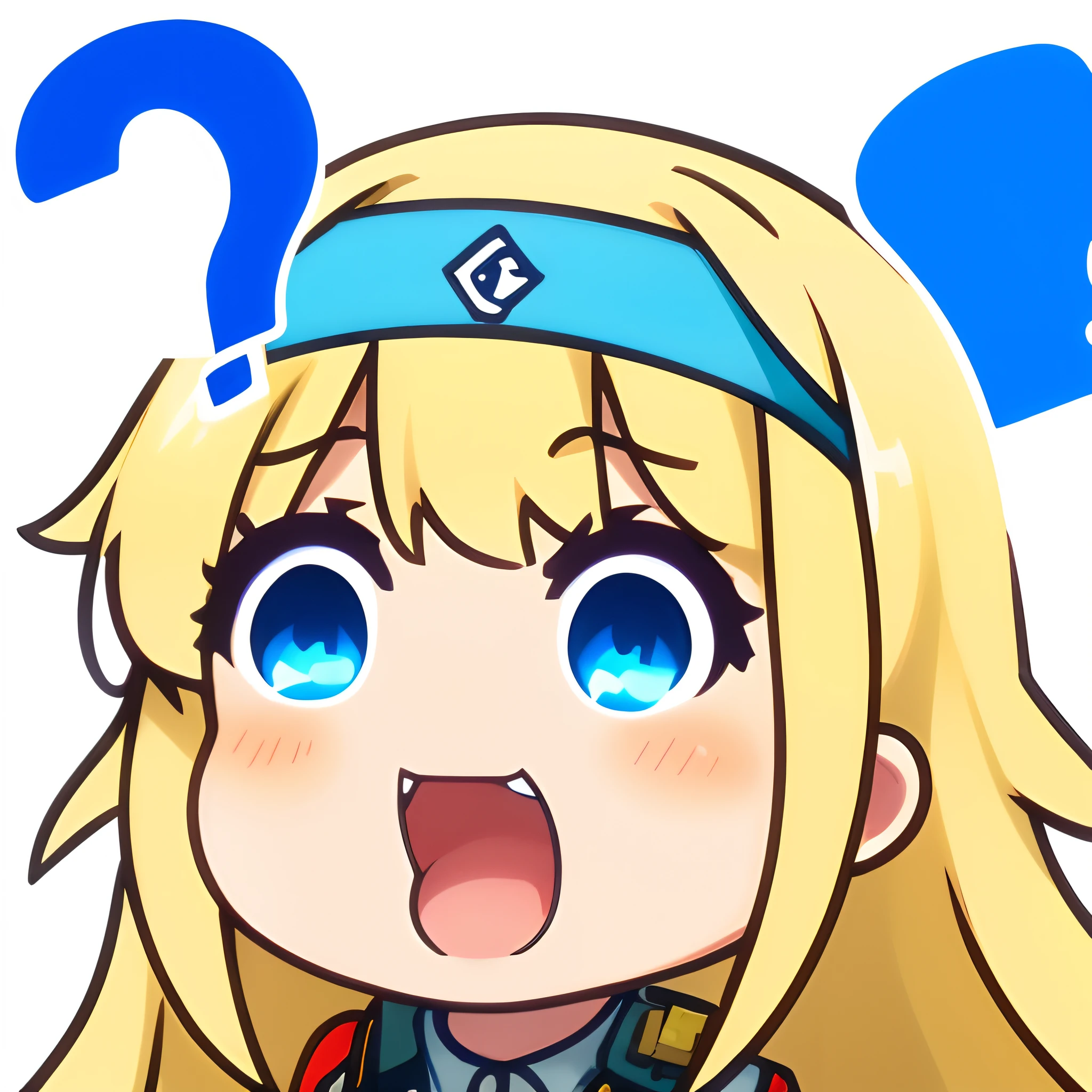 (masterpiece,best quality,ultra_detailed, highres, absurdres:1.2),Emoticon packages,?, musical_note, !?, ??, spoken_musical_note, spoken_question_mark, eighth_note, 1girl, hairband, open_mouth, solo, long_hair, blue_eyes, blonde_hair, suomi_\(girls'_frontline\), smile, confused, simple_background, hair_ornament, white_background