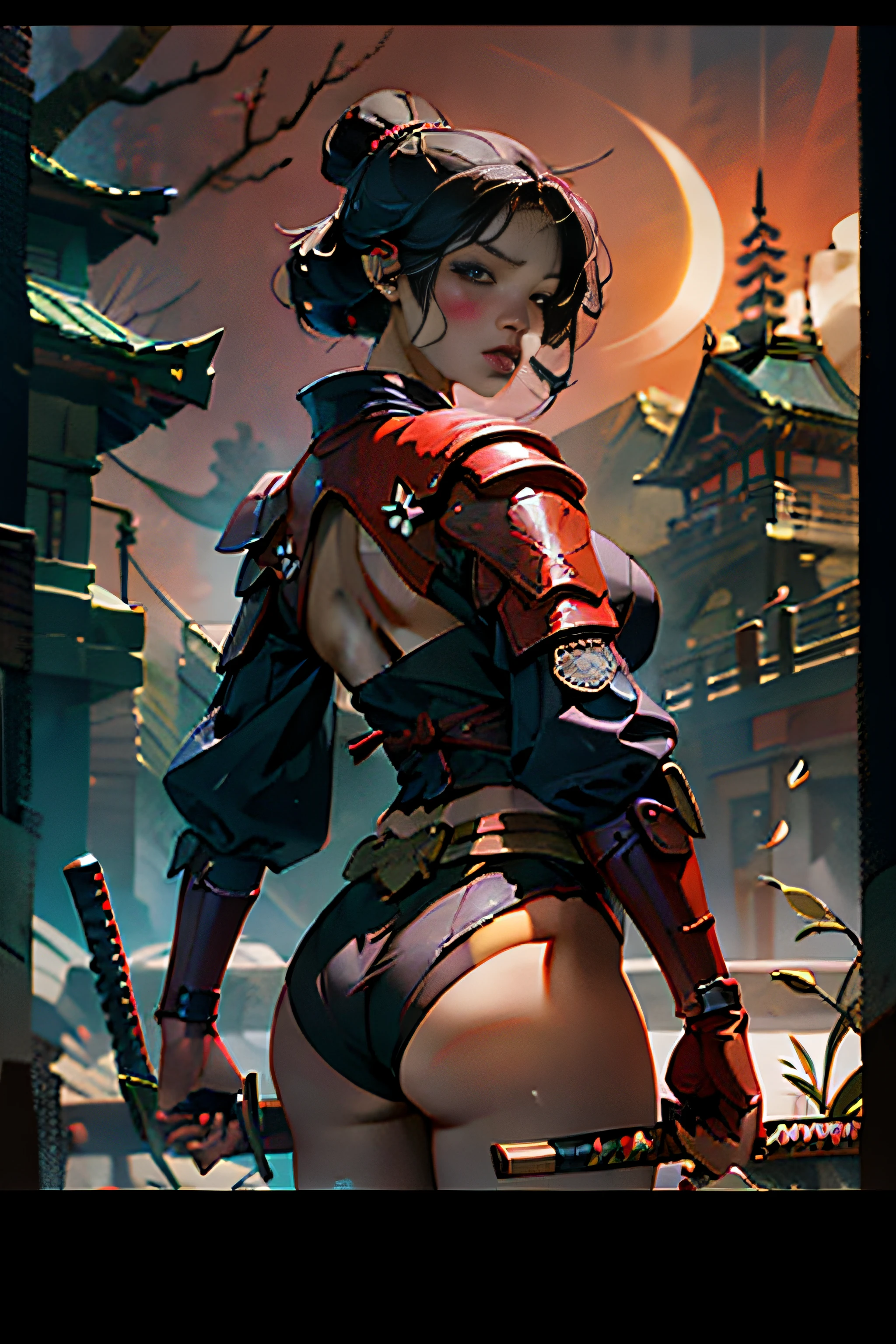 (Masterpiece, Best Quality), 8k Wallpaper, highly detailed, sexy female ronin, samurai, cherry blossom flowers border, japanese tattoos,  katana, japan, night, moonlight, vector style art, erotic, movie poster style, lettering.