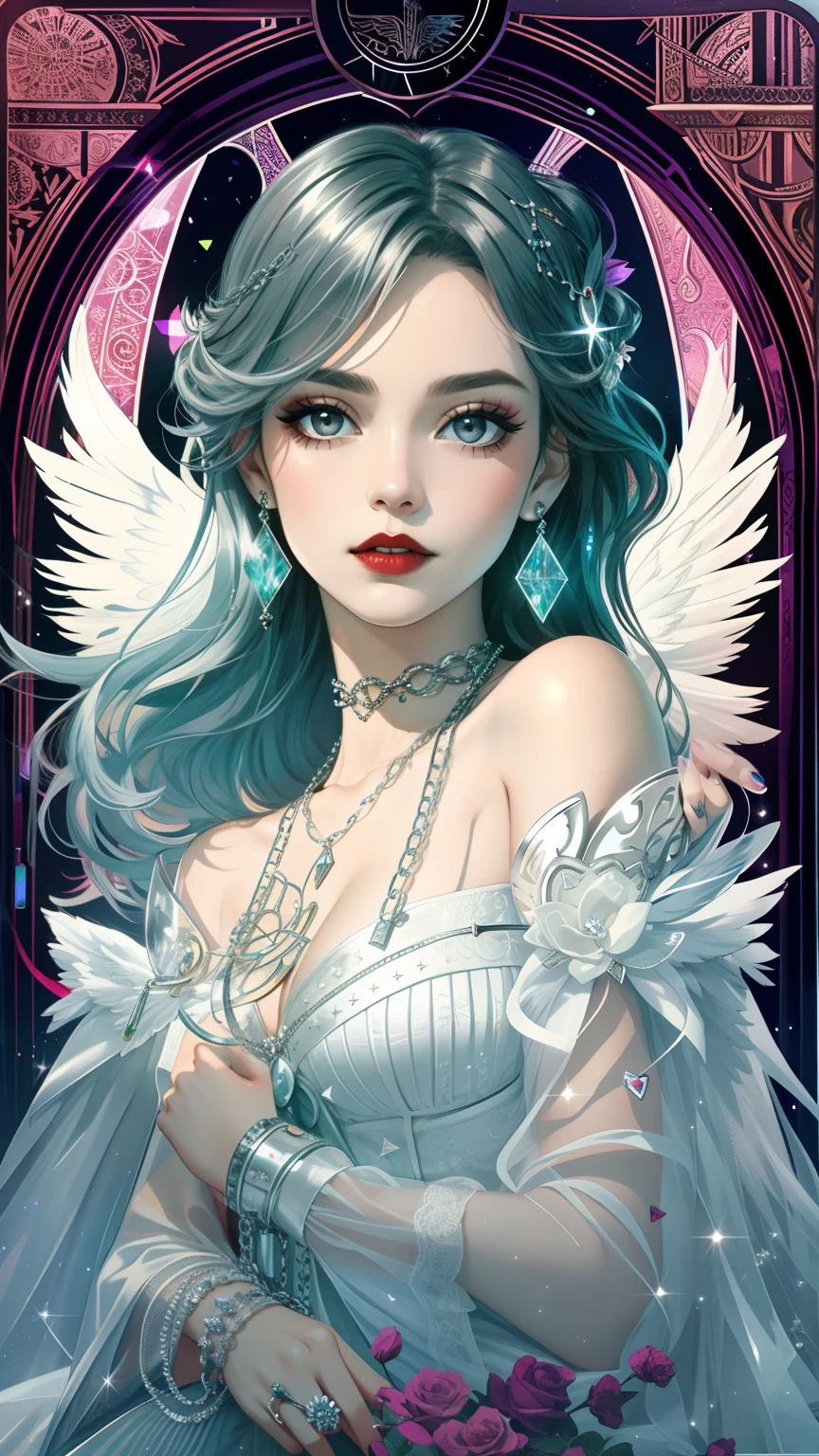 tarot card, Model: long wavy hair, full scarlet dark lips, Smoky eyes, BREAK,, Broken glass, crystals, neon lights, BREAK, Polychromatic geometric patterns,Heart, Arms and legs, BREAK, Accessories: Chrome-plated chains with torn body, Silver Choker, black feathered white black wings, Naked, Topless, naked body,BREAK,on chair, looking forward. tmasterpiece, Masterpiece quality