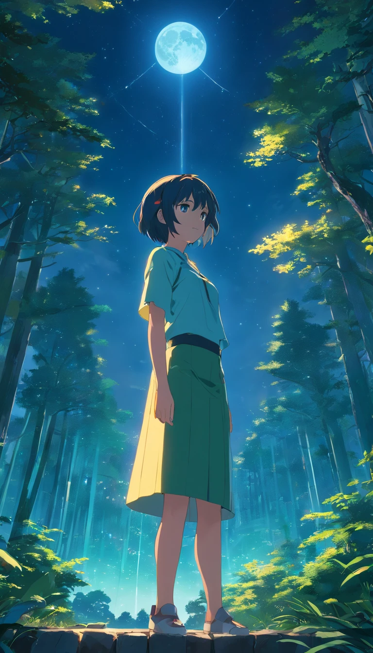 This is、Ultra detailed CG Unity 8K wallpaper, high-resolution and top quality in cyberpunk style, Black and blue dominate. in the picture, Beautiful girl with green messy short hair,Red right eye and blue left eye、 delicated face, Stars shining in the night sky and a big moon,Fantasy world with fantastic scenes, Ancient Forest、Magic Lake、A glittering palace is behind the girl、Social realism, Hyper-Realism, Cinematic lighting, Lens Flare, ultra wide-angle