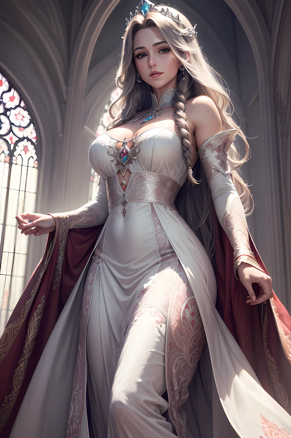 (highres, ultra-detailed, realistic:1.37), aerith, final fantasy, beautiful body, beautiful detailed eyes, detail-oriented nose, luscious red lips, long flowing grey hair, radiant smile, elegant crown, royal attire, intricate jewelry, graceful pose, enchanting expression, majestic church in the background, vibrant colors, soft lighting, regal atmosphere, atmospheric perspective, stunning landscape, floating clouds, magical aura, timeless beauty, intricate patterns, ethereal ambiance, striking contrast, dreamlike quality, cinematic composition, white dress, rain drops