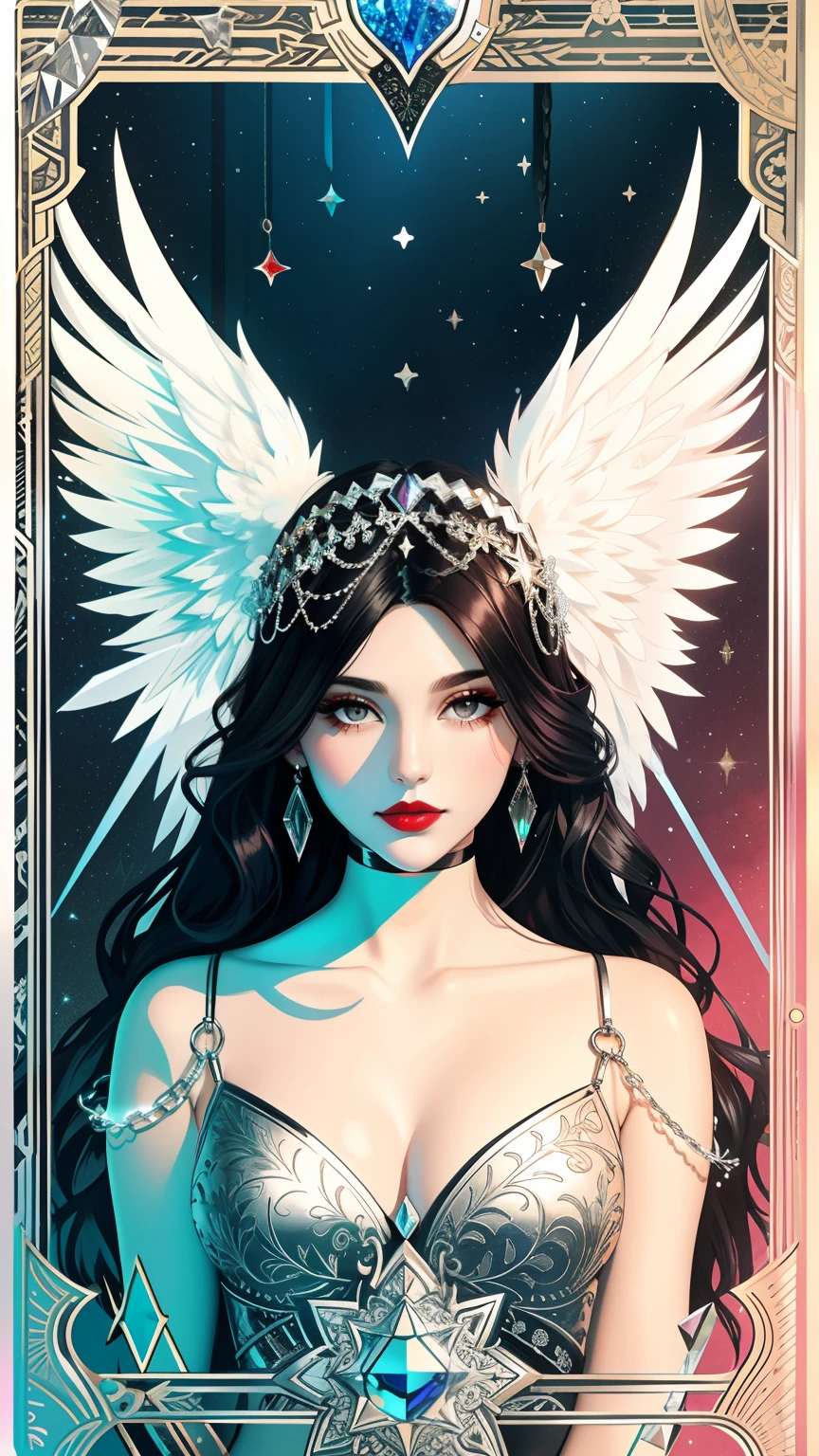 tarot card, Model: long wavy hair, full scarlet dark lips, Smoky eyes, BREAK,, Broken glass, crystals, neon lights, BREAK, Polychromatic geometric patterns,Heart, Arms and legs, BREAK, Accessories: Chrome-plated chains with torn body, Silver Choker, black feathered white black wings, Naked, Topless, naked body,BREAK,on chair, looking forward. tmasterpiece, Masterpiece quality