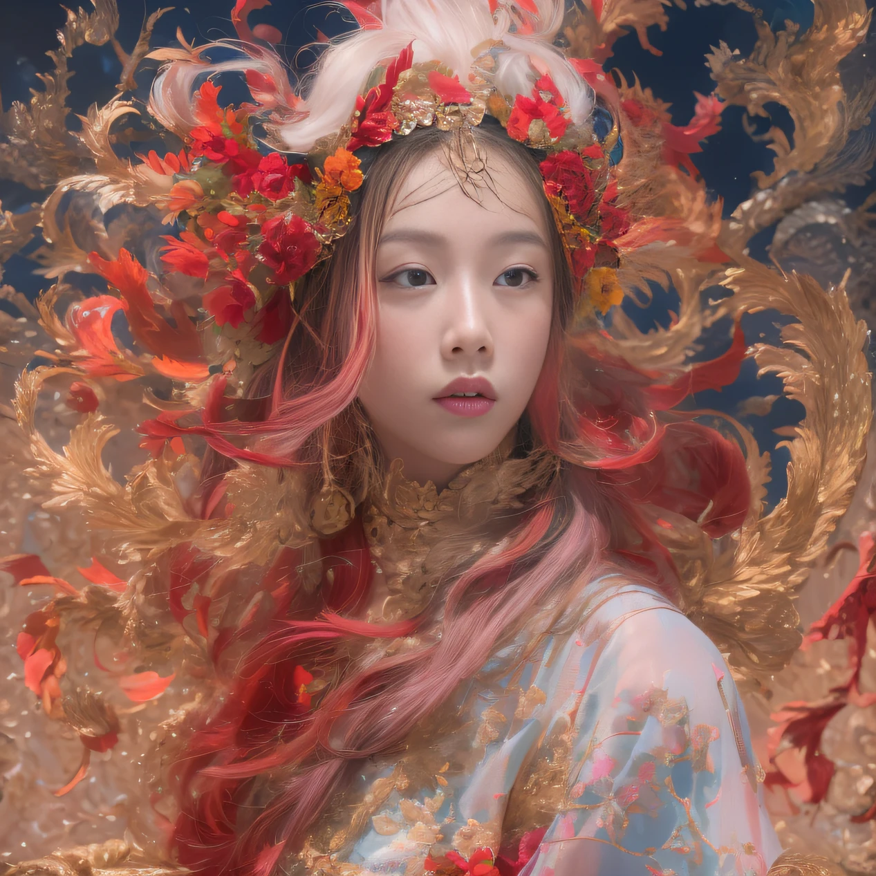 Full body 32K（tmasterpiece，k hd，hyper HD，32K）Large curls，（abstract ink splash：1.2）Flowing rouge，ponds，zydink， a color，  Asian people （faeries）， （Silk scarf）， Combat posture， looking at the ground， Large rolls of rouge， Flowing rouge curls，Red onyx emerald emerald headdress， Chinese long-sleeved black gold garment， （abstract ink splash：1.2）， Pink lotus background，Water lily flower protector（realisticlying：1.4），Rouge hair，Autumn is in full swing，The background is pure， A high resolution， the detail， RAW photogr， Sharp Re， Nikon D850 Film Stock Photo by Jefferies Lee 4 Kodak Portra 400 Camera F1.6 shots, Rich colors, ultra-realistic vivid textures, Dramatic lighting, Unreal Engine Art Station Trend, cinestir 800，Large curls，Flowing rouge