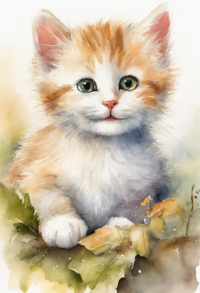 childrens book illustration：white backgrounid, Baby Cat, a smile, Drawing on white paper with crayons