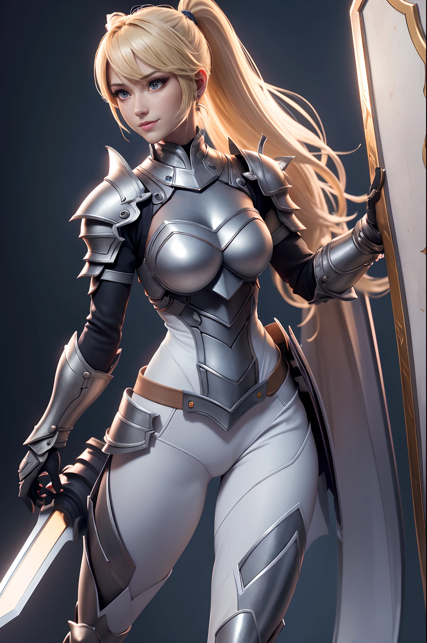 Beautiful mature blonde twin-tailed female knight、Metal chest armor painted pure white、Blue pants and leg armor ((Muscular and macho slim body and slim lower body))、Carrying a large sword at the waist、Carry a large shield on your back A smile large full breasts enticing Emphasizes cleavage A sexy Photorealsitic、a picture、masterpiece、reallistic、真实感、photorealisim、High contrast、Photorealistic Art Station Trend Digital Art 8k HD High Resolution Explanation Real, detaileds, Skin Texture, ultra-detailliert, realistic skin textures, armature, top-quality, 超A high resolution, (Photorealsitic:1.4),, hight resolution, detaileds, Raw foto, Sharp Re, Nikon D850 Film Stock Photo by Lee Jefferies 4 Kodak Portra 400 Camera F1.6 lenses rich colors hyper realistic lifelike textures dramatic lighting unreal engine artstation trends synestil 800,5Precision details of beautiful hands with fingers