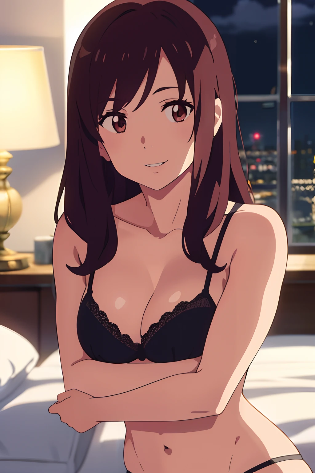 shinkai makoto, kimi no na wa., 1boy, broown hair, brown eyes, muscular, nude, face hug by breast, 1girl, light maroon hair, long curly hair, two strands of hair framing her face, Brown eyes, light pink lips, medium breast, black bra, black panties,smile :), sexy pose, arms up, cute, indoors, night, bedroom, lamp, lights off, two strands framing her face