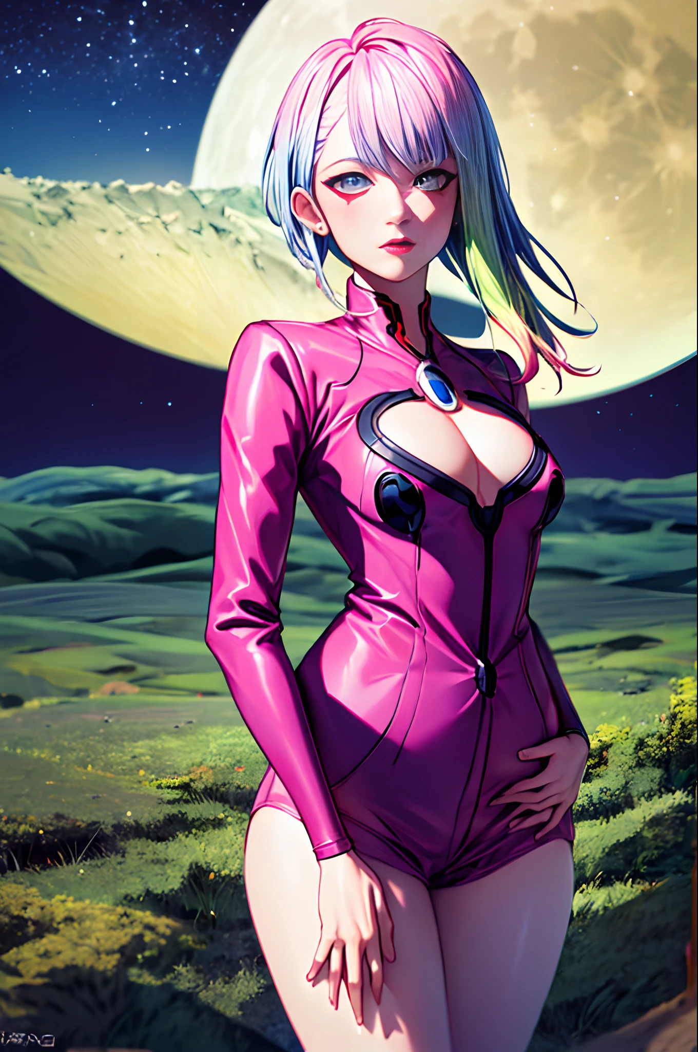 masterpiece, best quality, highres, lu1, cyborg, multicolored hair, makeup, ladybug, full-length portrait, pink jacket, neckline cutout, pink outfit, cowboy shot, planet, moon, earth (planet)