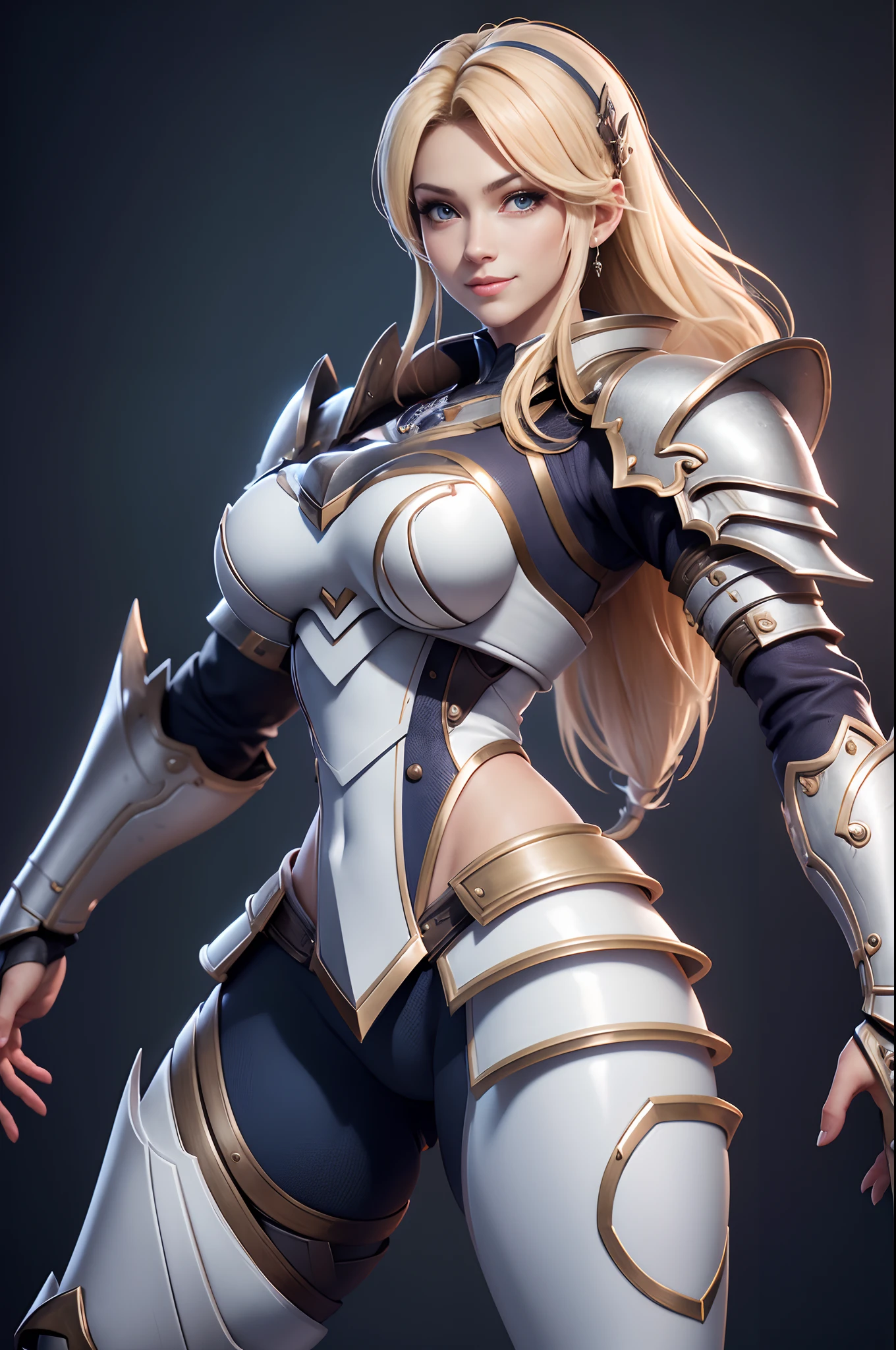 Beautiful mature blonde twin-tailed female knight、Metal chest armor painted pure white、Blue pants and leg armor ((Muscular and macho slim body and slim lower body))、Carrying a large sword at the waist、Carry a large shield on your back A smile large full breasts enticing Emphasizes cleavage A sexy Photorealsitic、a picture、masterpiece、reallistic、真实感、photorealisim、High contrast、Photorealistic Art Station Trend Digital Art 8k HD High Resolution Explanation Real, detaileds, Skin Texture, ultra-detailliert, realistic skin textures, armature, top-quality, 超A high resolution, (Photorealsitic:1.4),, hight resolution, detaileds, Raw foto, Sharp Re, Nikon D850 Film Stock Photo by Lee Jefferies 4 Kodak Portra 400 Camera F1.6 lenses rich colors hyper realistic lifelike textures dramatic lighting unreal engine artstation trends synestil 800,5Precision details of beautiful hands with fingers