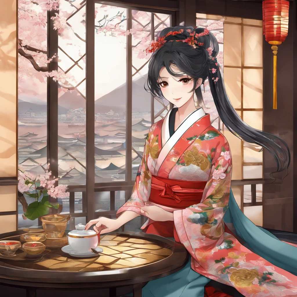 Detailed background(tea shop(The cityscape of Kyoto seen outside the window)),Laid on the table(a cake).Hold it in your right hand(cups＆saucer),BREAK,Put it in your mouth(a cake),BREAK,elaborate costume{Luxury kimono(Colorful kimono(Detailed golden embroidery,))}、(Japanese Idol(actress):1.2)(face perfect:1.2),Depicting a beautiful and classy adult woman。glossy dark hair(poneyTail),Heart in the eye。 Wallpapers 16K, .Blur the background with a sickle,((masutepiece)), ((Best Quality)),{{a portrait photo of}},full body Esbian