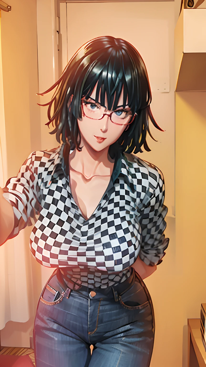 Girl, smile, red lips, big nose, big tits, shorts hair, glasses, red glasses colors, necklace, checkered patterned shirt
, Levi's trousers, sexy body, sexy pose, stand pose, view facing the camera, view facing forward
, beautiful girl, in room, realistic