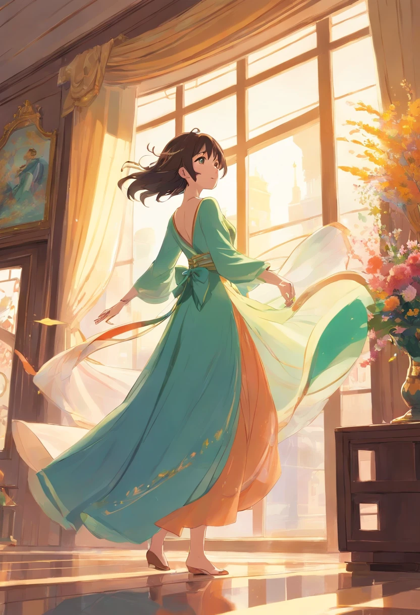 So intently was I concentrating on my newly-clean and combed image that I hardly noticed that the breeze had returned, until it suddenly whipped my travelling-cloak from my shoulders. “Oh!” I cried, turning to run after the cloak, but it rose up in the air out of my reach, coming to rest in midair near one corner of the room. The breeze, meanwhile, followed me, plucking at my elbows and swirling around my waist and my back. A second set of doors, next to the mirror, burst open, and splendid gowns began to float through them, a parade of embroidered, beribboned, bejewelled silks and velvets, every dress fit for a queen. I stared at the dresses, bemused at the splendour before me, and was again surprised when I realised that the breeze flitting around me had unlaced my bodice.