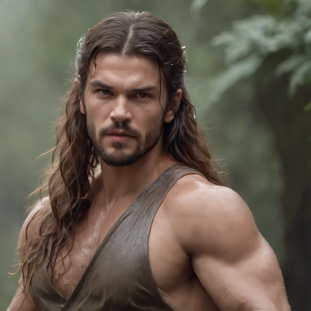 Features soft, shiny heroines, ((Epic hero muscular fantasy rough man angry wet hero looking long hair short beard and fierce expression in dynamic pose, fantastic location, majestoso ambiente desordenado)) LUTANDO COM ESPARA EM UMA FLORESTRAS CONTRA DUENDES VERDES HORRIVEIS