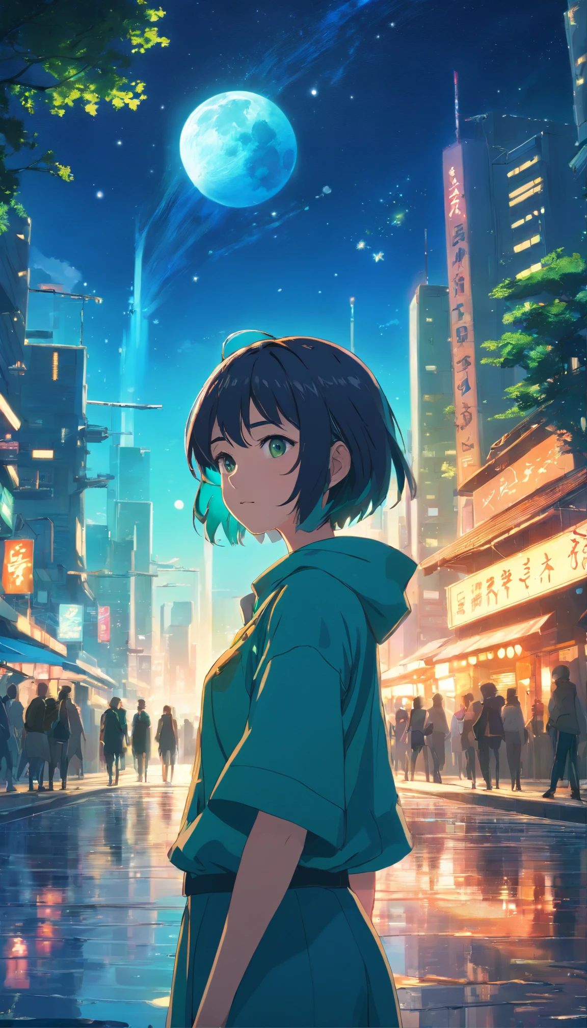 This is、Ultra detailed CG Unity 8K wallpaper, high-resolution and top quality in cyberpunk style, Black and blue dominate. in the picture, Beautiful girl with green messy short hair,Red right eye and blue left eye、 delicated face, Stars shining in the night sky and a big moon,Fantasy world with fantastic scenes, Ancient Forest、Magic Lake、A glittering palace is behind the girl、Social realism, Hyper-Realism, Cinematic lighting, Lens Flare, ultra wide-angle