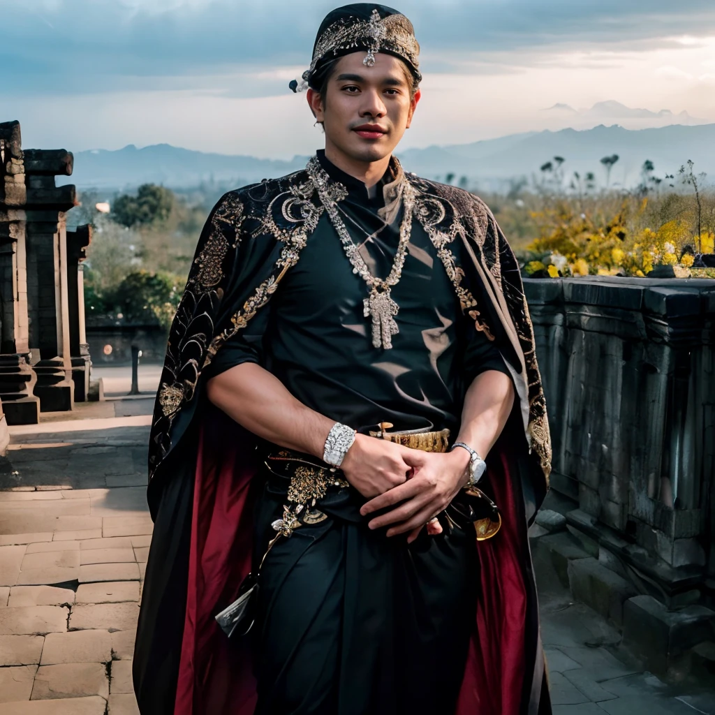 RAW photo, ((Best quality, 8k, Masterpiece :1.3)), ultra high res, (photorealistic:1.4), Highly detailed face and costume texture, high quality, Sharp: 1.4, Hyper realistic, Super detailed details, detailed batik, cineatic lightning, 1man rayhan mahesa, handsome prince, cool prince, nobleman, young male, male focus, thin beard, facing viewer, closed mouth, smile, with muscle and athletic body, short hair, gentleman in (adatjawapria:1.7) with, (gold batik:1.2), ((black blankon:1.7)), gloves, black hair, (cape with ruby and flowers), outdoors, walking, candi buddha, Bali Indonesian Temple Candi Borobudur, day, daylight, full body