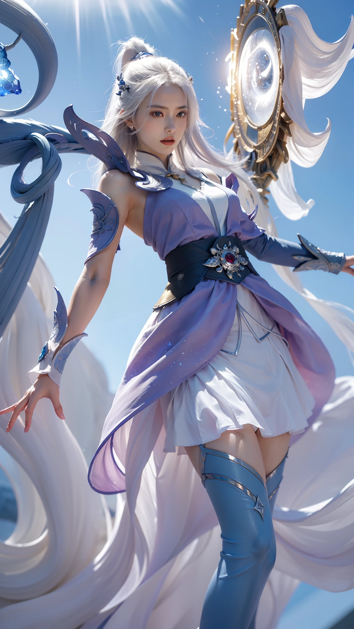 a close up of a woman in a white dress with a long white hair, beautiful celestial mage, full portrait of elementalist, full body xianxia, heise jinyao, onmyoji detailed art, g liulian art style, extremely detailed artgerm, by Yang J, white haired deity, astral ethereal, holy fire spell art, highly detailed, (high detailed skin:1.3), (photorealistic:1.3), ultra-detailed, (high detailed skin:1.2), expressionless, 8k uhd, dslr, soft lighting, high quality, film grain, Fujifilm XT3, best quality, beautiful lighting