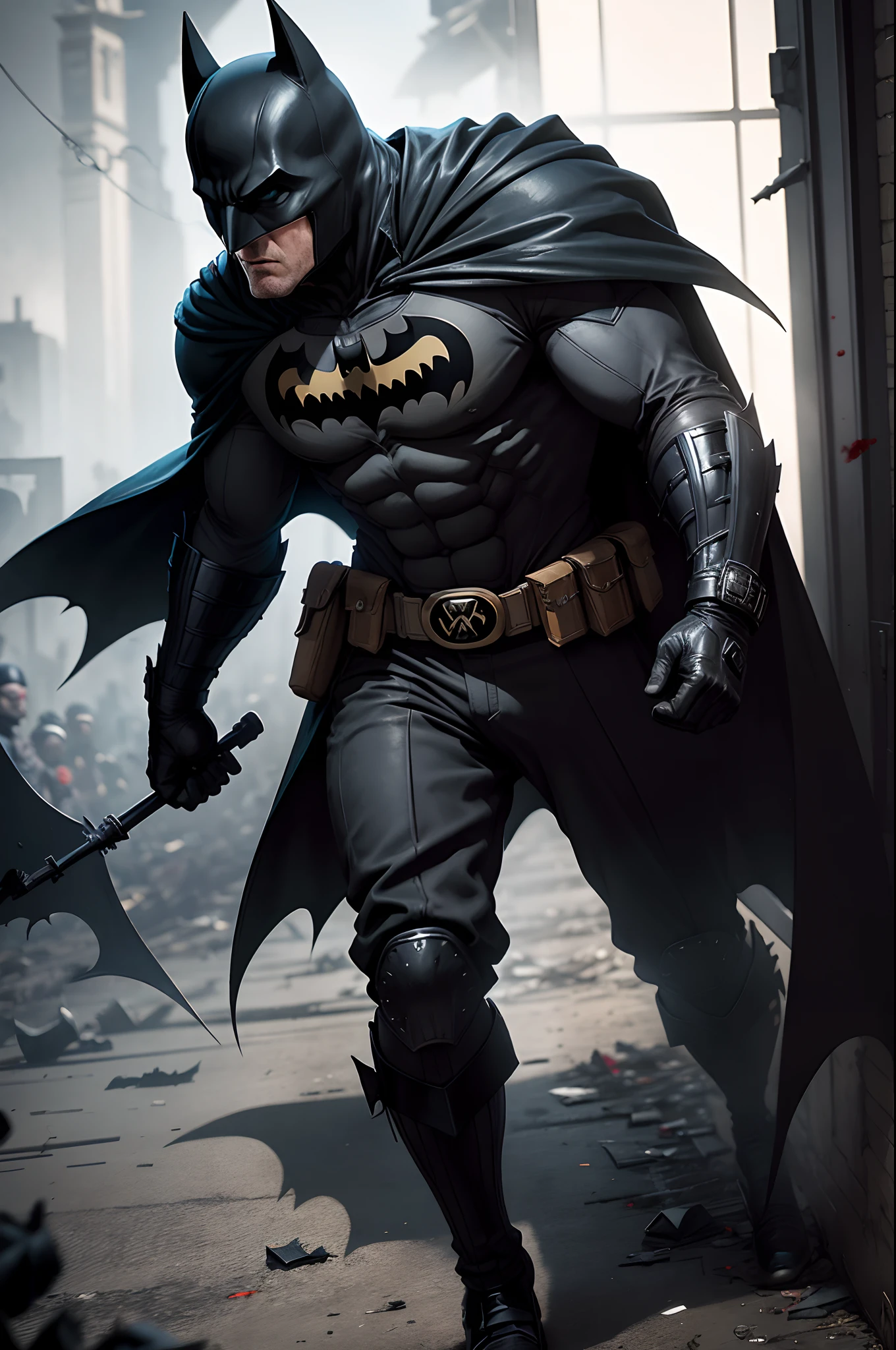 (Batman o cavaleiro das trevas), (Batman musculoso), Batman, corpo masculino, corpo musculoso, o cavaleiro das trevas, dentro de uma caverna, caverna escura, luz lua cheia, morcegos sobrevoando dentro da caverna, musculoso, uniforme detalhado e moderno, nevoeiro sombrio, batcaverna, esconderijo do Batman, luzes em seu uniforme, anti-hero pose, foto do corpo inteiro, full body angle, visible whole body, head arms legs,