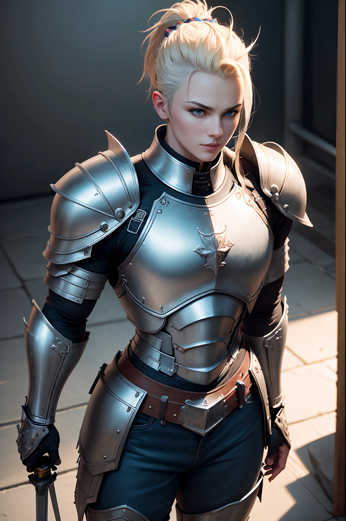 Beautiful mature blonde mohawk knight、Metal chest armor painted pure white、Blue pants and leg armor ((Muscular and macho slim body and slim lower body))、Carrying a large sword at the waist、Carry a large shield on your back A smile large full breasts enticing Emphasizes cleavage A sexy Photorealsitic、a picture、masterpiece、reallistic、真实感、photorealisim、High contrast、Photorealistic Art Station Trend Digital Art 8k HD High Resolution Explanation Real, detaileds, Skin Texture, ultra-detailliert, realistic skin textures, armature, top-quality, 超A high resolution, (Photorealsitic:1.4),, hight resolution, detaileds, Raw foto, Sharp Re, Nikon D850 Film Stock Photo by Lee Jefferies 4 Kodak Portra 400 Camera F1.6 lenses rich colors hyper realistic lifelike textures dramatic lighting unreal engine artstation trends synestil 800,5Precision details of beautiful hands with fingers