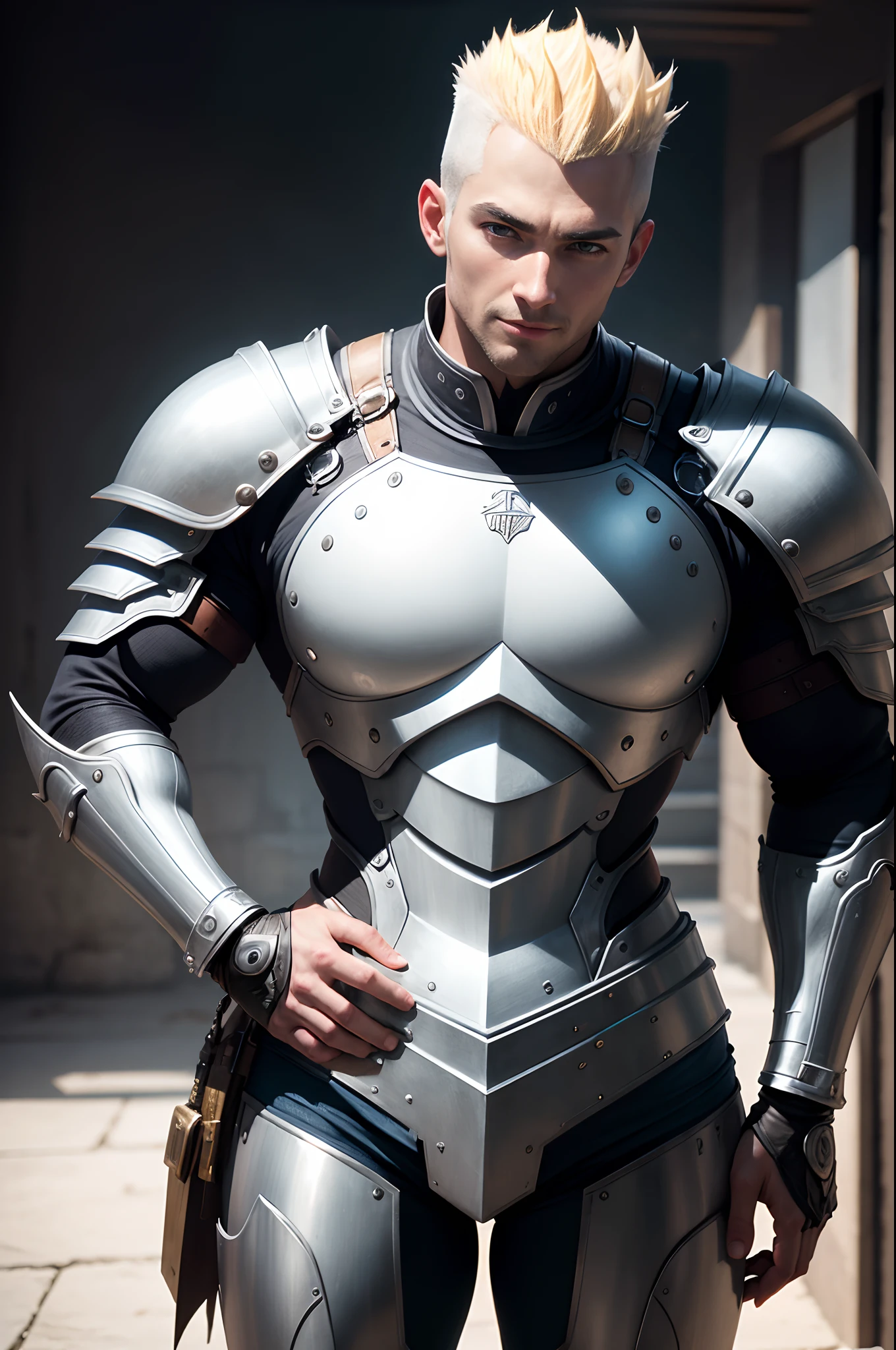 Beautiful mature blonde mohawk knight、Metal chest armor painted pure white、Blue pants and leg armor ((Muscular and macho slim body and slim lower body))、Carrying a large sword at the waist、Carry a large shield on your back A smile large full breasts enticing Emphasizes cleavage A sexy Photorealsitic、a picture、masterpiece、reallistic、真实感、photorealisim、High contrast、Photorealistic Art Station Trend Digital Art 8k HD High Resolution Explanation Real, detaileds, Skin Texture, ultra-detailliert, realistic skin textures, armature, top-quality, 超A high resolution, (Photorealsitic:1.4),, hight resolution, detaileds, Raw foto, Sharp Re, Nikon D850 Film Stock Photo by Lee Jefferies 4 Kodak Portra 400 Camera F1.6 lenses rich colors hyper realistic lifelike textures dramatic lighting unreal engine artstation trends synestil 800,5Precision details of beautiful hands with fingers
