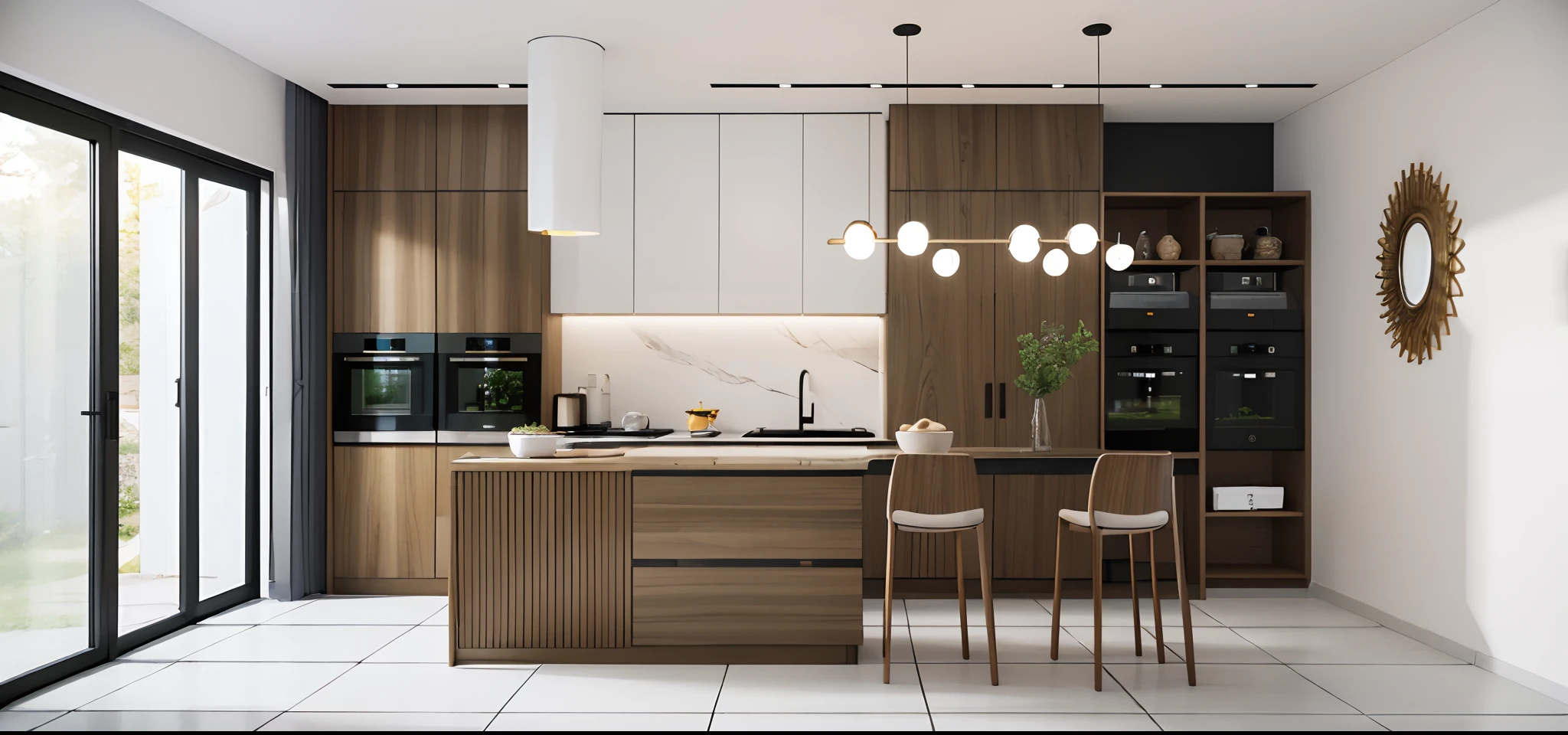 morden kitchen  design,Super sharp like photos taken with a professional camera, (Masterpiece,best quality,8k uhd,dslr,soft lighting,high quality,hyper detail,film grain,Fujifilm XT3, UE 5 render 8k, super high resolution, supper detail:1.2), color block wall decor, Cream color block wall decor, glossy floor, (((volumetric light))), dark tone, glossy floor