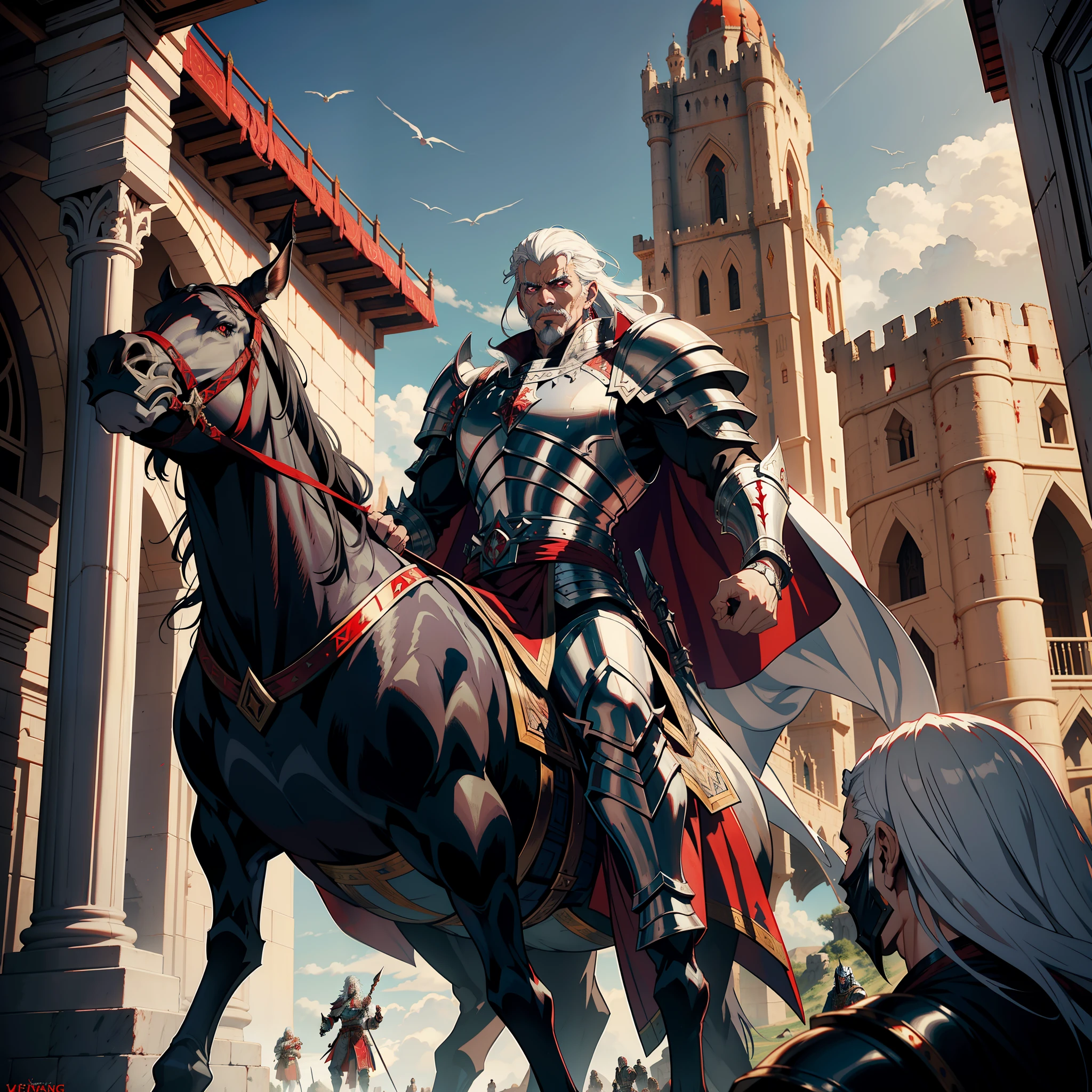 Lord Dracula white-haired red eyes muscular handsome warrior wearing armor Medieval Moroccan Islamic Returning to His Islamic Castle Victorious architecture with his troops armed demon at noon hyper realistic super detailed Dynamic shot centerpiece cinematic scene scenes movie Epic Legendary correct proportions Anatomy correct poses