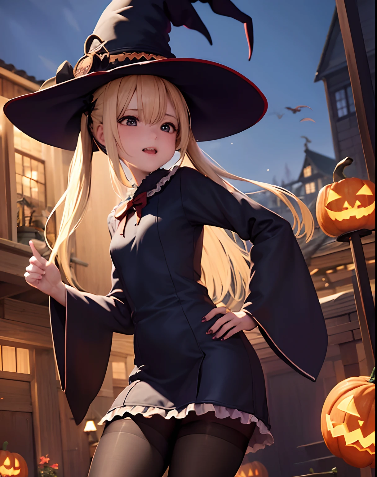 masterpiece、hiquality、1girl in、独奏、Marie Rose、cowboy shot、embarassed expression、(((witch clothing)))、((long robe))、((pantyhose))、Put your hands on your hips、(boots)、natta、Pumpkin lantern