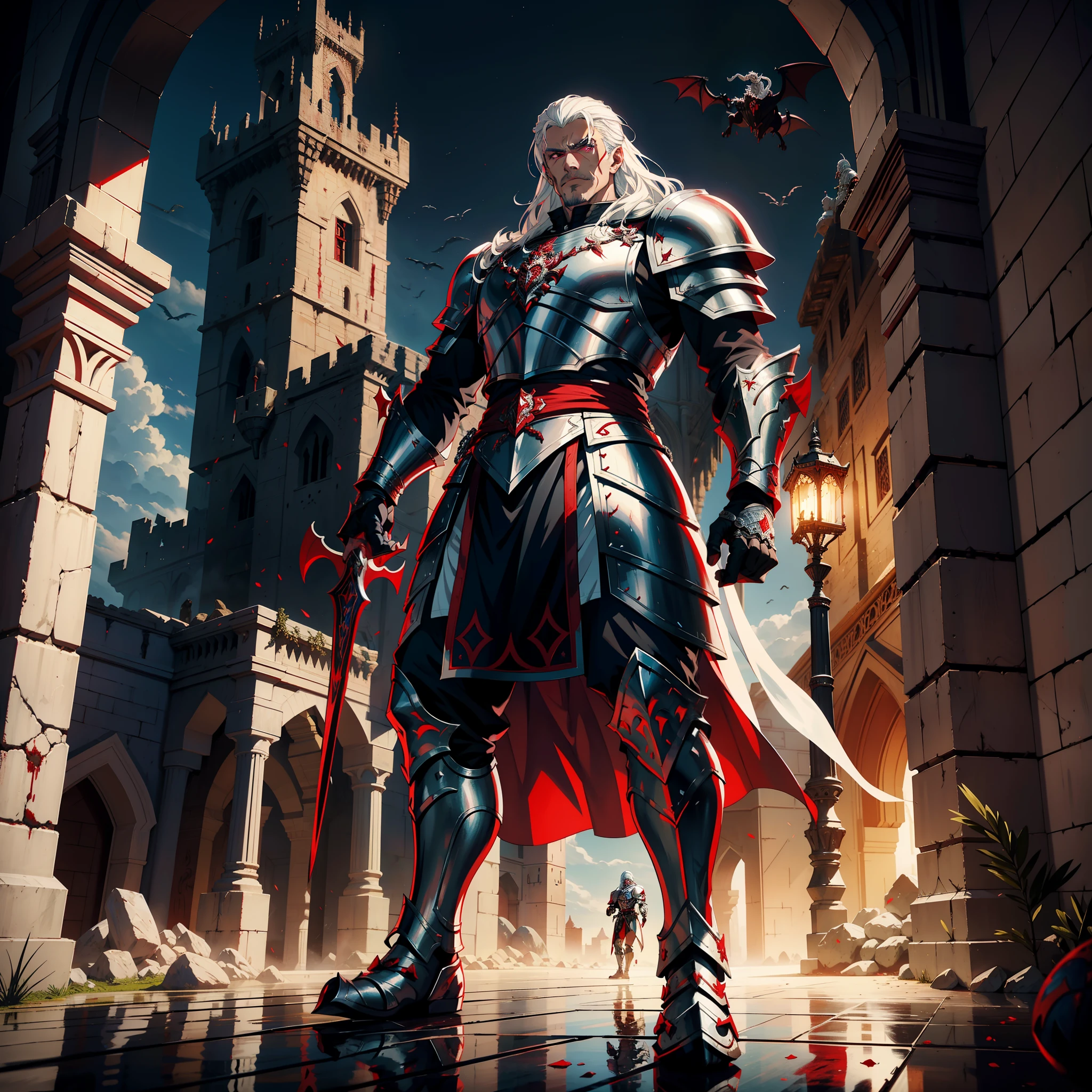 Lord Dracula white-haired red eyes muscular handsome warrior wearing armor Medieval Moroccan Islamic Returning to His Islamic Castle Victorious architecture with his troops armed demon at noon hyper realistic super detailed Dynamic shot centerpiece cinematic scene scenes movie Epic Legendary correct proportions Anatomy correct poses