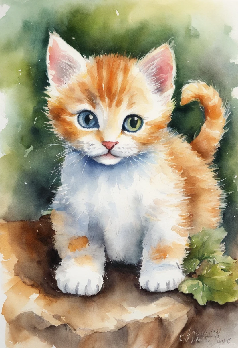 category: childrens book illustration:Baby Cat, Baby cat drawing on white paper with crayons, a smile