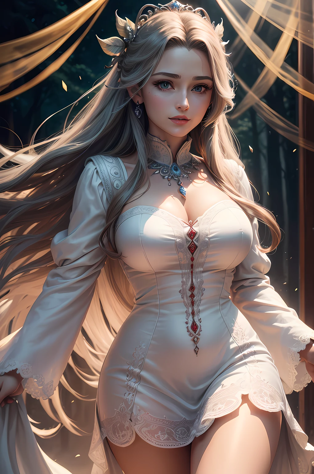 (highres, ultra-detailed, realistic:1.37), aerith, final fantasy, beautiful body, beautiful detailed eyes, detail-oriented nose, luscious red lips, long flowing grey hair, radiant smile, elegant crown, royal attire, intricate jewelry, graceful pose, enchanting expression, majestic forest in the background, vibrant colors, soft lighting, regal atmosphere, atmospheric perspective, stunning landscape, floating clouds, magical aura, timeless beauty, intricate patterns, ethereal ambiance, striking contrast, dreamlike quality, cinematic composition, white short dress
