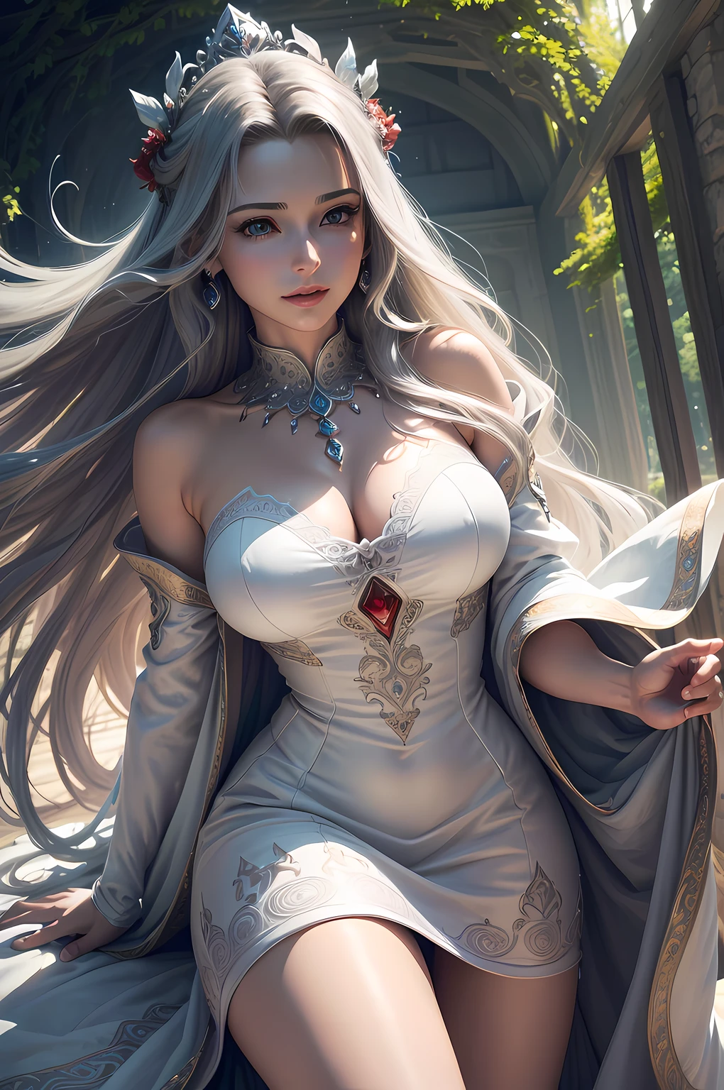 (highres, ultra-detailed, realistic:1.37), aerith, final fantasy, beautiful body, beautiful detailed eyes, detail-oriented nose, luscious red lips, long flowing grey hair, radiant smile, elegant crown, royal attire, intricate jewelry, graceful pose, enchanting expression, majestic forest in the background, vibrant colors, soft lighting, regal atmosphere, atmospheric perspective, stunning landscape, floating clouds, magical aura, timeless beauty, intricate patterns, ethereal ambiance, striking contrast, dreamlike quality, cinematic composition, white short dress