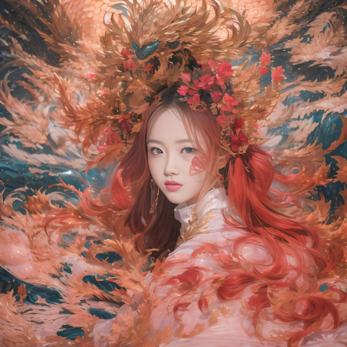 Full body 32K（tmasterpiece，k hd，hyper HD，32K）Large curls，（abstract ink splash：1.2）Flowing rouge，ponds，zydink， a color，  Asian people （faeries）， （Silk scarf）， Combat posture， looking at the ground， Large rolls of rouge， Flowing rouge curls，Red onyx emerald emerald headdress， Chinese long-sleeved black gold garment， （abstract ink splash：1.2）， Pink lotus background，Water lily flower protector（realisticlying：1.4），Rouge hair，Autumn is in full swing，The background is pure， A high resolution， the detail， RAW photogr， Sharp Re， Nikon D850 Film Stock Photo by Jefferies Lee 4 Kodak Portra 400 Camera F1.6 shots, Rich colors, ultra-realistic vivid textures, Dramatic lighting, Unreal Engine Art Station Trend, cinestir 800，Large curls，Flowing rouge