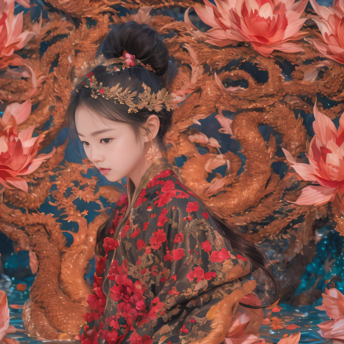 Full body 32K(tmasterpiece,k hd,hyper HD,32K)Large curls,(abstract ink splash:1.2)Flowing rouge,ponds,zydink, a color, Asian people (faeries), (Silk scarf), Combat posture, looking at the ground, Large rolls of rouge, Flowing rouge curls,Red onyx emerald emerald headdress, Chinese long-sleeved black gold garment, (abstract ink splash:1.2), Pink lotus background,Water lily flower protector(realisticlying:1.4),Rouge hair,Autumn is in full swing,The background is pure, A high resolution, the detail, RAW photogr, Sharp Re, Nikon D850 Film Stock Photo by Jefferies Lee 4 Kodak Portra 400 Camera F1.6 shots, Rich colors, ultra-realistic vivid textures, Dramatic lighting, Unreal Engine Art Station Trend, cinestir 800,Large curls,Flowing rouge