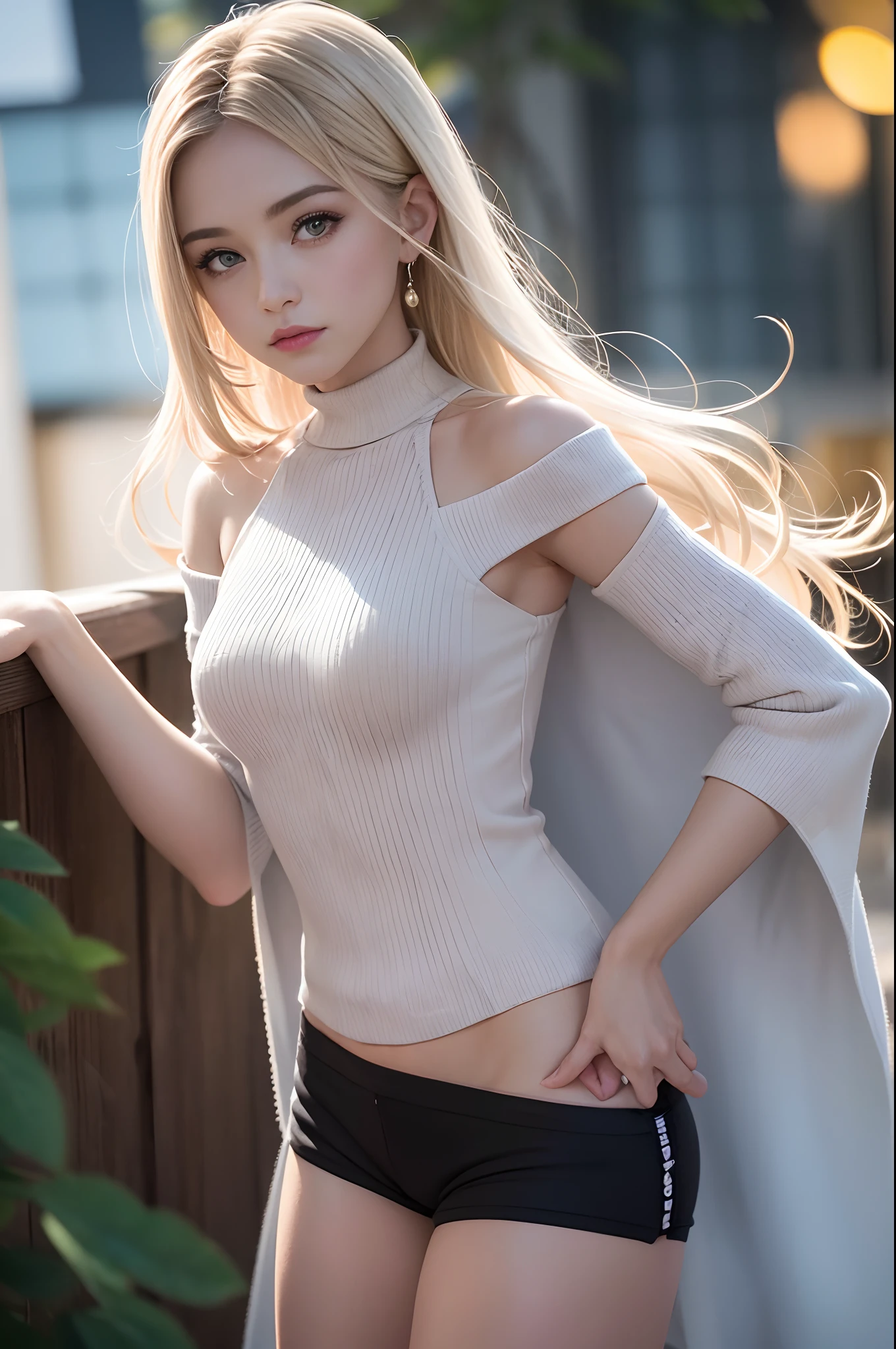 (), peitos grandes,(master part), best quality, extremamente detalhado, (Aquarela), florescer, delicado e bonito, illustration, (de baixo),(1girl:1.4), (sozinho:1.2), seios grandes, (ribbed sweater:1.3), off-shoulder sweater, (short shorts:1.2), bareshoulders, (Peito Inferior), ((pele escura:0.8)), olhos bonitos, (cabelos desgrenhados ), fotografia, tiro por cima do ombro, Directed by: Alex Maleev, profissional, Canon Camera, Nikon Camera, Sharp, Bokeh, studio quality, lente olho de peixe, Directed by: Robert Capa ,