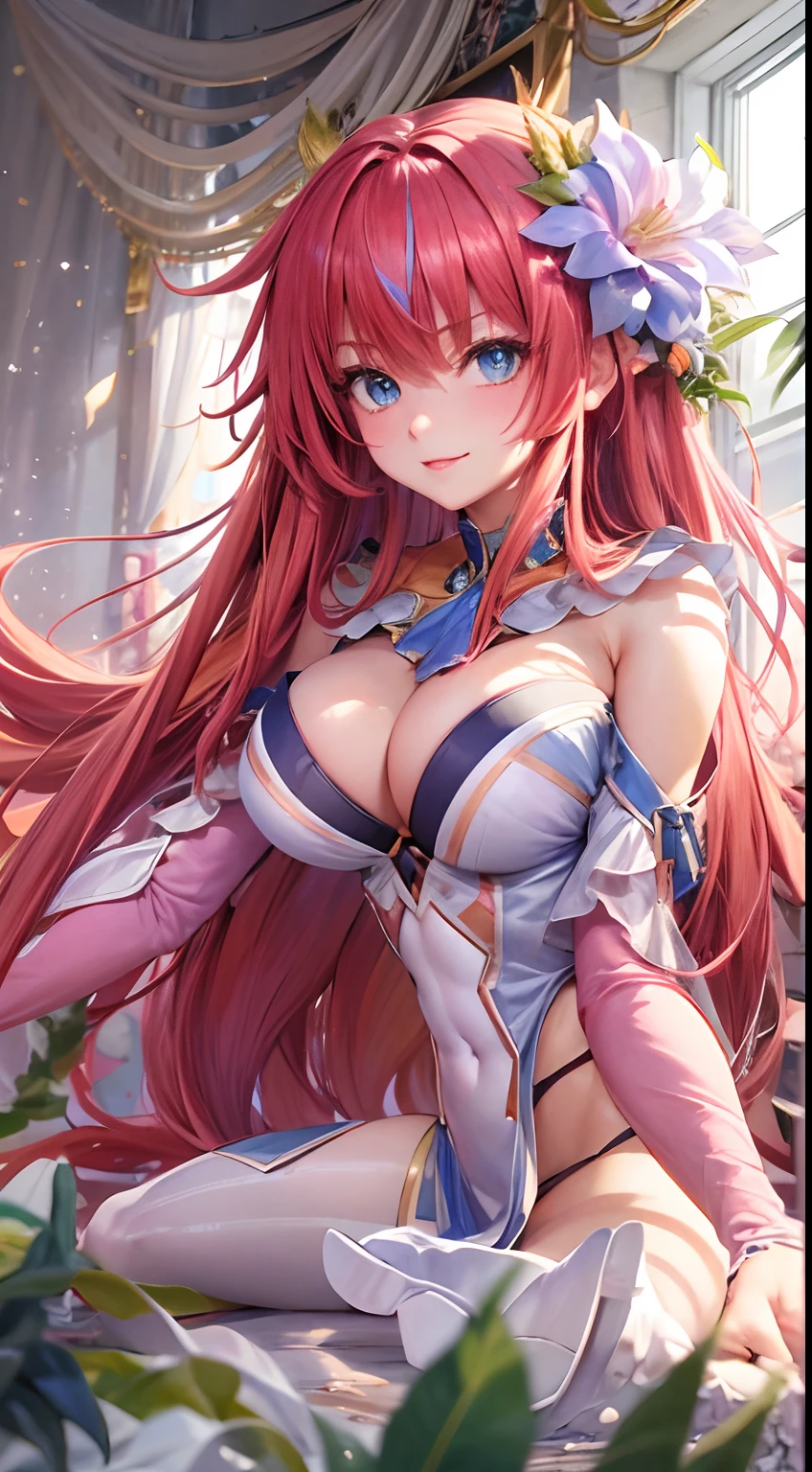 ((masterpiece, best quality, 4k)), 1girl, cowboy shot, huge breasts, ocean blue eyes, long Red hair, Rias Gremory from high school dxd, powering up, Dragon ball z, wearing Goku's outfit, chromic aberration, detailed illustration, seductive pose, leaning forward, light smile, cleavage, indoors, pink flowers, thick lips, pink bedroom background, plant, window, light particles, (Pervy face), thick thighs, Cinematic Anime,