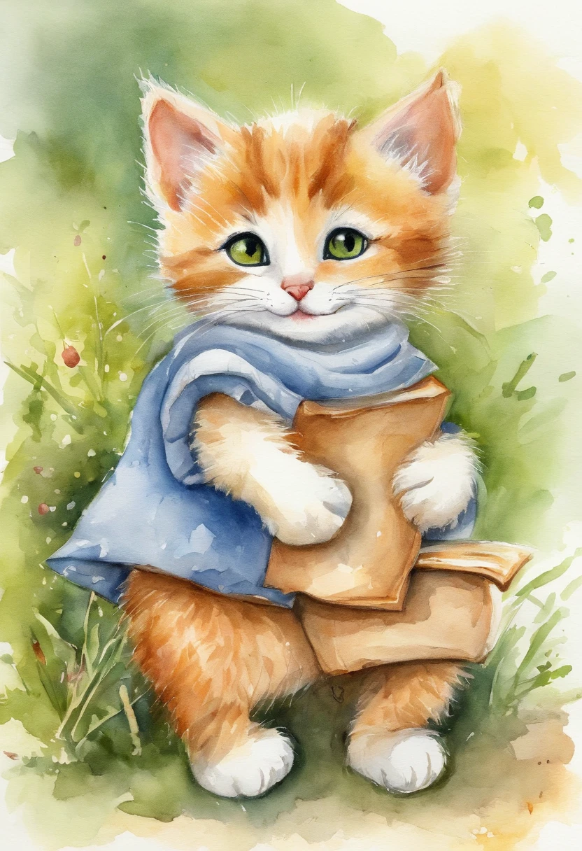 category：childrens book illustration, charicature：Baby Cat, action：Drawing on white paper with crayons, expressioness：a smile