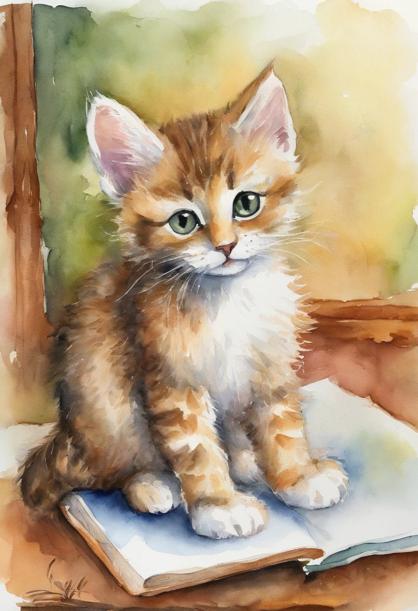 category:childrens book illustration, charicature: Cat, action:Drawing on white paper with crayons, expressioness:a smile