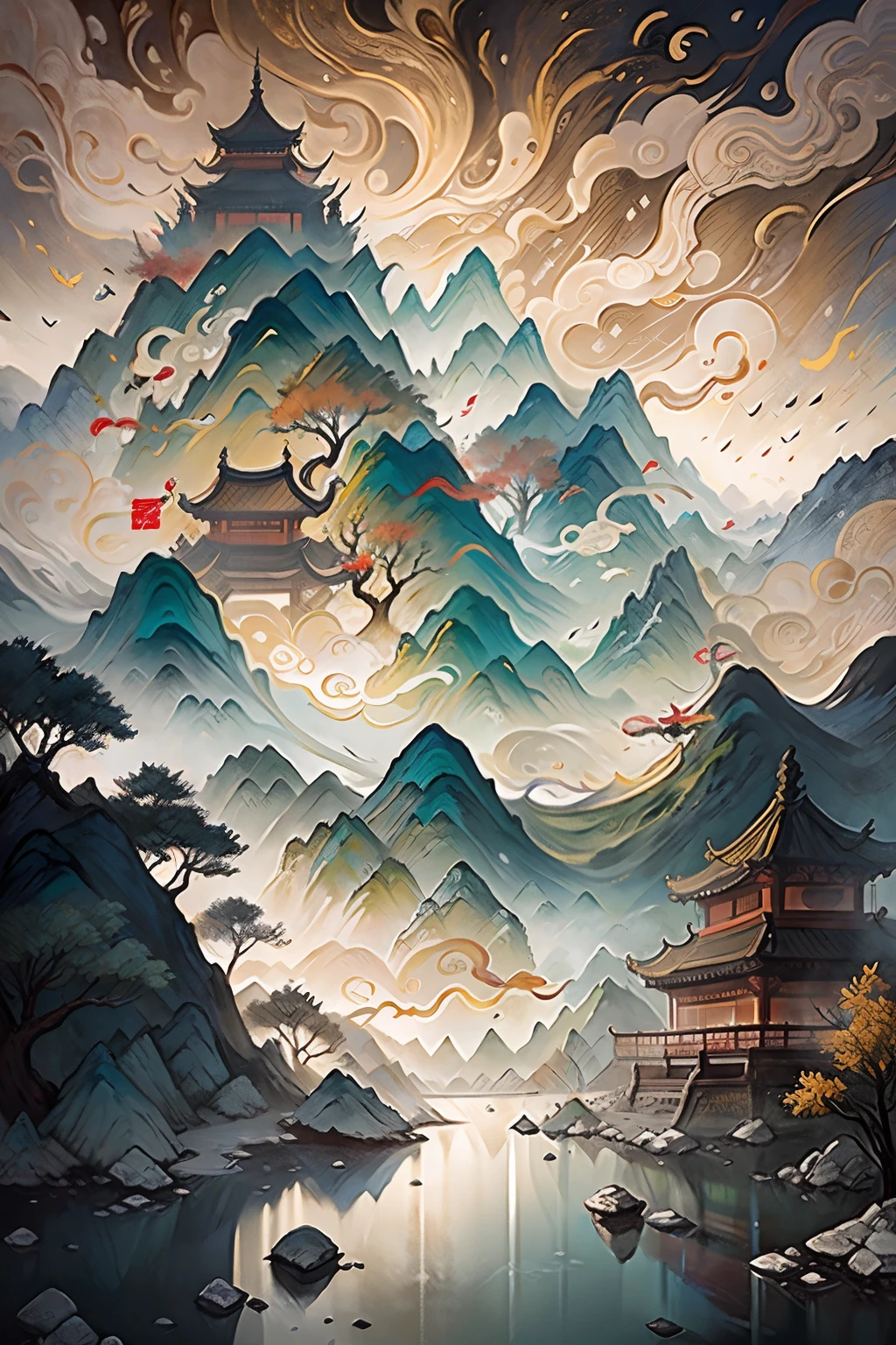 ancient chinese painting, ancient chinese background, mountains, river, auspicious clouds, pavilions, sunlight, masterpiece, super detail, epic composition, ultra hd, high quality, extremely detailed, official art, unified 8k wallpaper, super detail, 32k