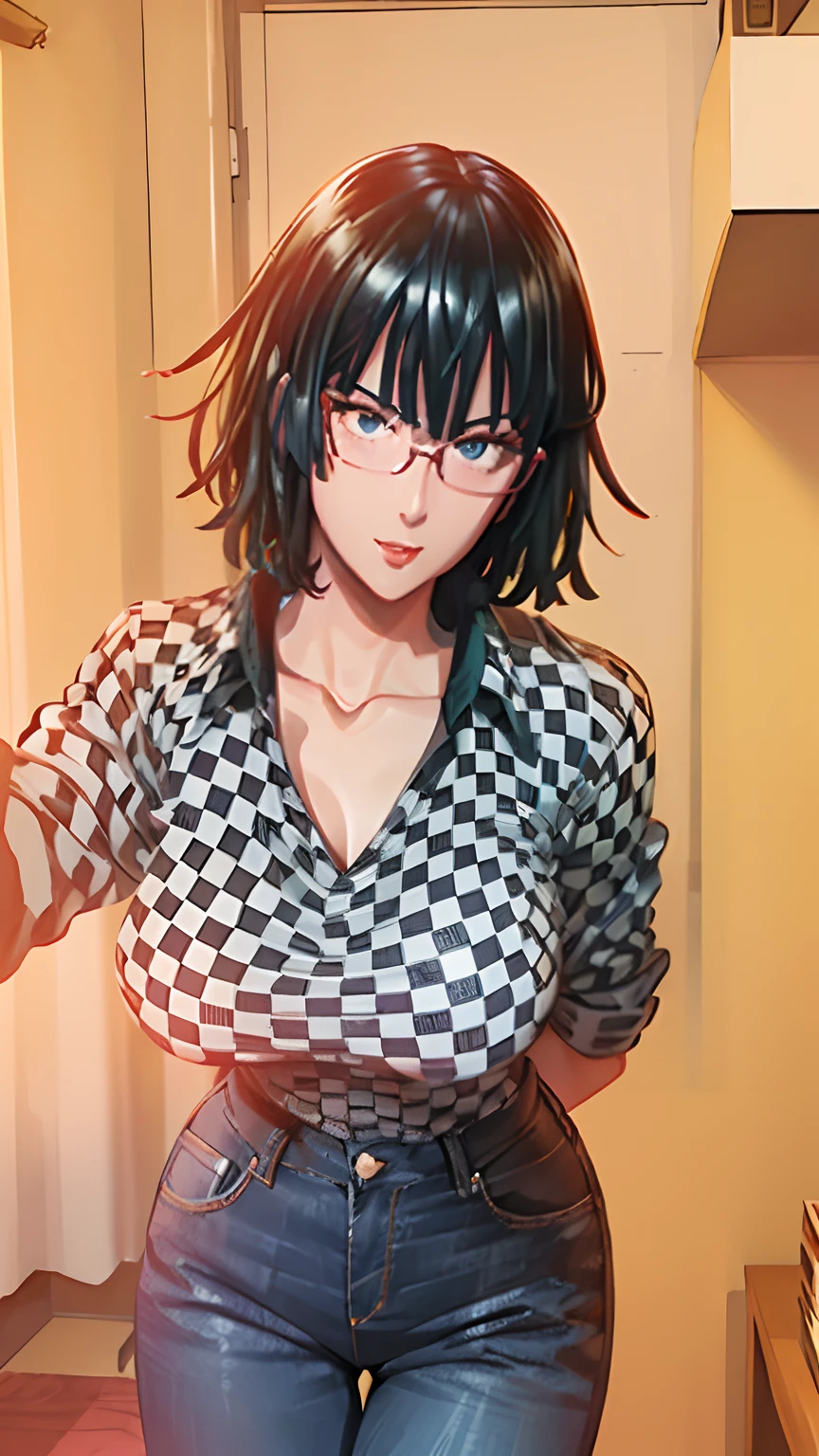 Girl, smile, red lips, big nose, big tits, shorts hair, glasses, red glasses colors, necklace, checkered patterned shirt
, Levi's trousers, sexy body, sexy pose, stand pose, view facing the camera, view facing forward
, beautiful girl, in room, realistic