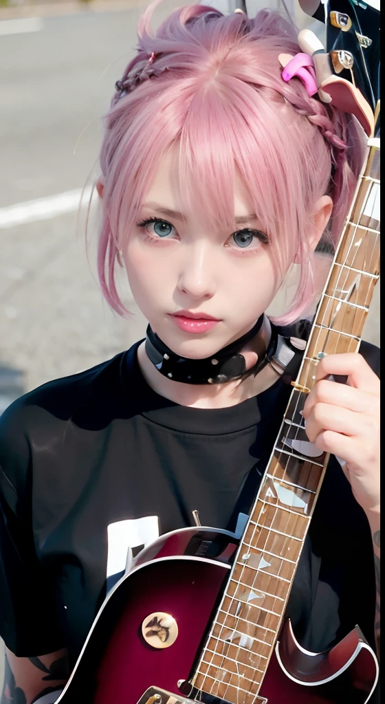 (masutepiece), (Portrait), (Aesthetic), (cute little), (upper blody), (High quality), (aesthetic clothings), (professional angle), (thirds rule), (Feminine), (Woman), , (Beautiful),(Feminine features), (18year old:1.4), Solo, 1 woman, (Charming punk girl), Blue eyes,faces、(A smile:1.5),(facing front:1.2),Dramatic light, ((Playing guitar)), Edgy makeup, (Small bust), ((electric guitar)), (Front face), (Leather jackets and tattoos), ((Short hair)), (dyed (E.G. and pinks) hair), (spiky hair), (Thick hair), Matte Shine Hair, (Hair bands scattered in the hair), (Bold and bold look), (pale skin), (Dark clothes), (Band T-shirt), (Ripped jeans), ((Urban alley background)), (up close shot), Beautiful hands, Two hands, normal hands, Two arms, complete hands, Beautiful body, Beautiful fingers, normal fingers, Five Fingers, Five Fingers, (Thumb index finger ring finger), Beautiful ears, normal ears, Beautiful eyes, shiny eyes, Beautiful mouth, Beautiful lips,Medium hair with pink hair, (Pink hair), Ear Hair, small tits, Single braid, (Single braid), (Side braid)