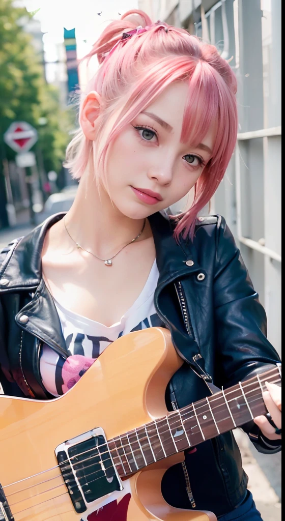 (masutepiece), (Portrait), (Aesthetic), (cute little), (upper blody), (High quality), (aesthetic clothings), (professional angle), (thirds rule), (Feminine), (Woman), , (Beautiful),(Feminine features), (18year old:1.4), Solo, 1 woman, (Charming punk girl), Blue eyes,faces、(A smile:1.5),(facing front:1.2),Dramatic light, ((Playing guitar)), Edgy makeup, (Small bust), ((electric guitar)), (Front face), (Leather jackets and tattoos), ((Short hair)), (dyed (E.G. and pinks) hair), (spiky hair), (Thick hair), Matte Shine Hair, (Hair bands scattered in the hair), (Bold and bold look), (pale skin), (Dark clothes), (Band T-shirt), (Ripped jeans), ((Urban alley background)), (up close shot), Beautiful hands, Two hands, normal hands, Two arms, complete hands, Beautiful body, Beautiful fingers, normal fingers, Five Fingers, Five Fingers, (Thumb index finger ring finger), Beautiful ears, normal ears, Beautiful eyes, shiny eyes, Beautiful mouth, Beautiful lips,Medium hair with pink hair, (Pink hair), Ear Hair, small tits, Single braid, (Single braid), (Side braid)