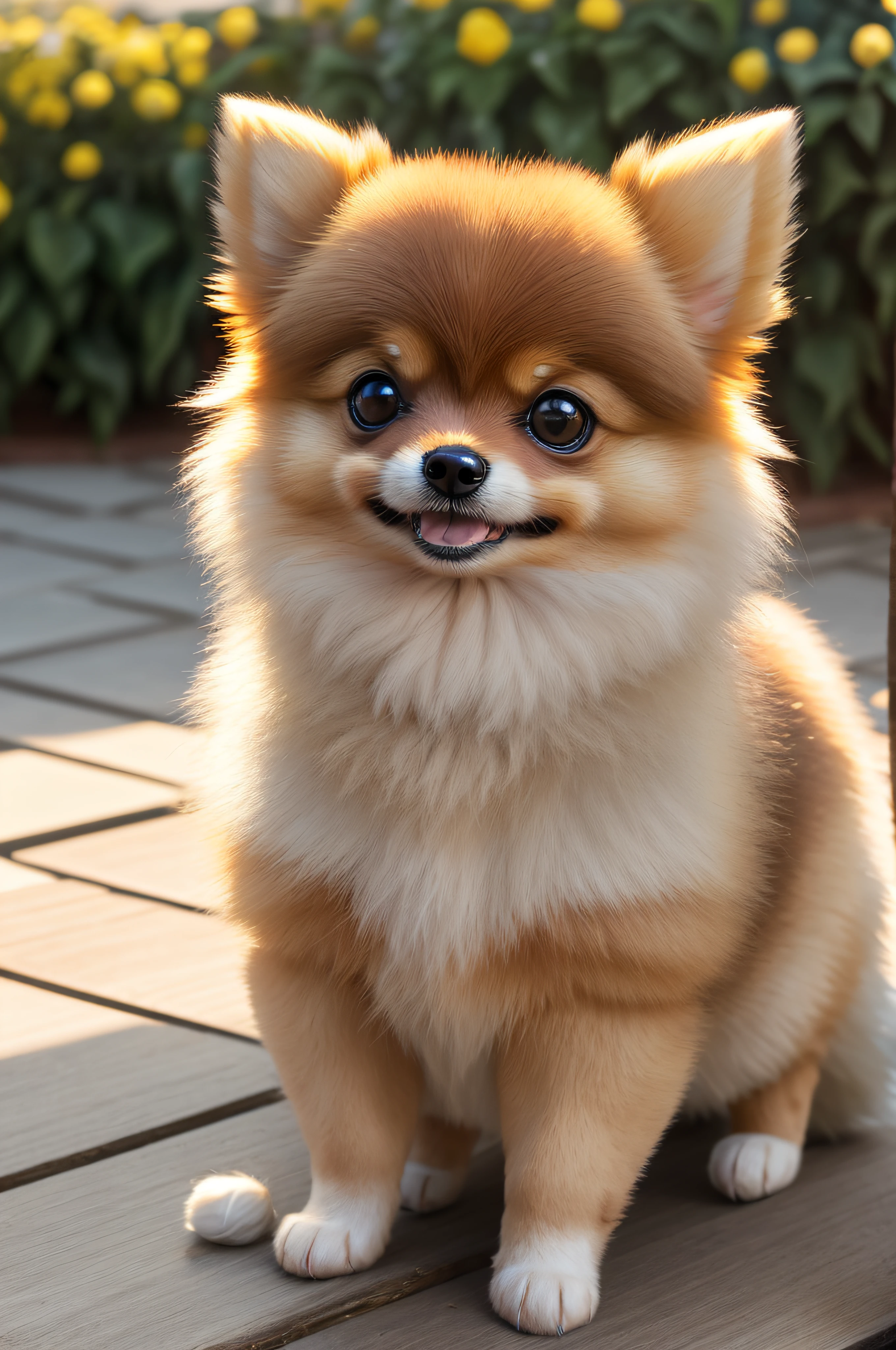 Cute Pomeranian greets viewers, Art by Pierre-Auguste Renoir and Jérémie Mann, (Viewpoint angle:1.2), Realistic, Ray traching, Beautiful lighting,