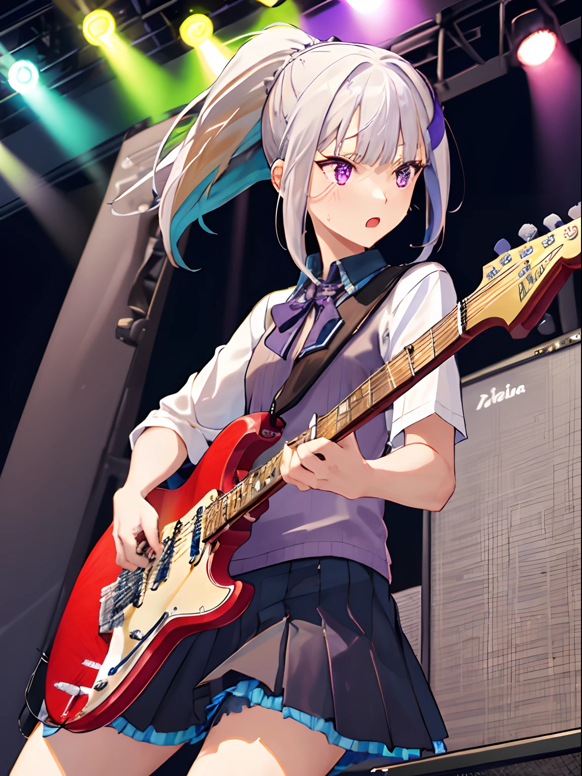 1girl, solo, black skirt, purple eyes, only five fingers, electric guitar, (guitar), holding, holding plectrum, instrument, ponytail, sweating, music, one side up, white hair, playing guiter, pleated skirt, purple shirt, indoors