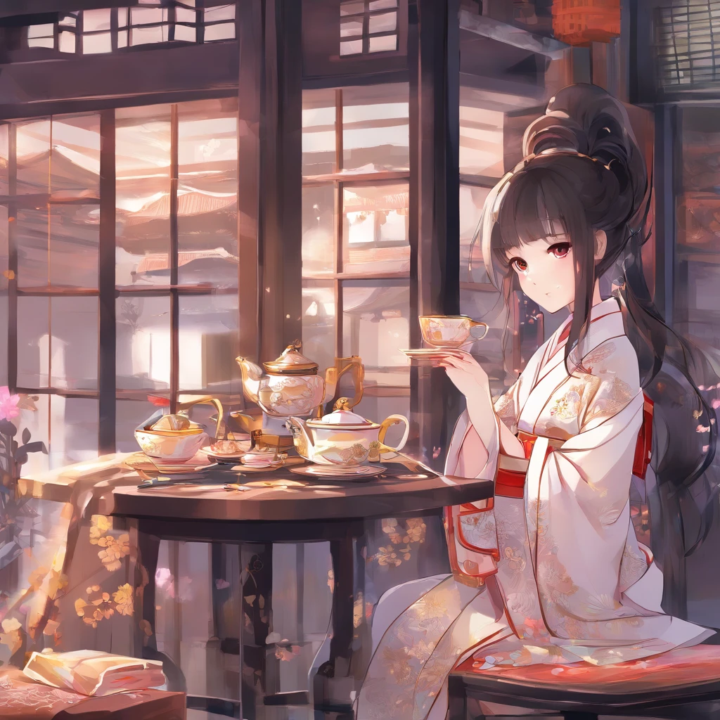 Detailed background(tea shop(The cityscape of Kyoto seen outside the window)),Laid on the table(a cake).Hold it in your right hand(cups&saucer),BREAK,Put it in your mouth(a cake),BREAK,elaborate costume{Luxury kimono(Colorful kimono(Detailed golden embroidery,))}、(Japanese Idol(actress):1.2)(face perfect:1.2),Depicting a beautiful and classy adult woman。glossy dark hair(poneyTail),Heart in the eye。 Wallpapers 16K, .Blur the background with a sickle,((masutepiece)), ((Best Quality)),{{a portrait photo of}},full body Esbian