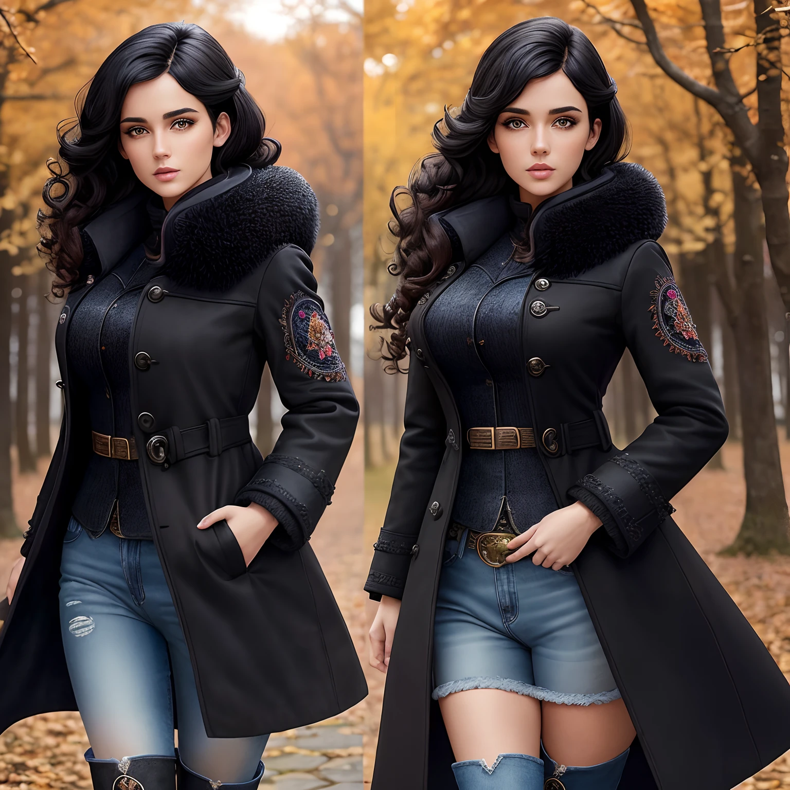 Model Lyriel Girl European appearance ((solo)) with curly black hair , with face and body, like Rosie Jones , dressed in a black coat without fasteners and below the knees and blue jeans , It stands in full growth against the backdrop of an autumn park , Her boots are visible , Very detailed embroidery on the black puffed coat and sleeves  , All coats in embroidery frontal light.