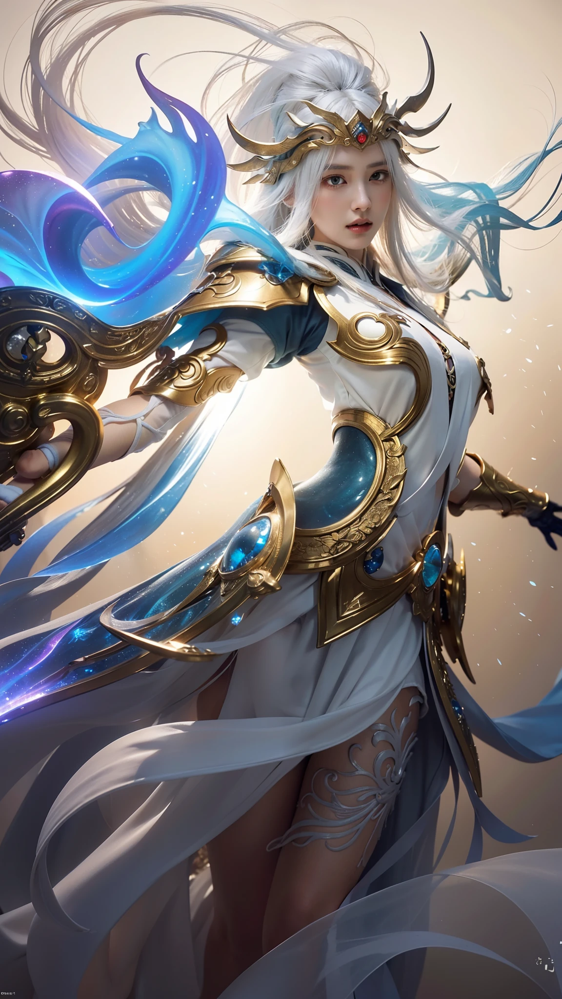 a close up of a woman in a white dress with a long white hair, beautiful celestial mage, full portrait of elementalist, full body xianxia, heise jinyao, onmyoji detailed art, g liulian art style, extremely detailed artgerm, by Yang J, white haired deity, astral ethereal, holy fire spell art, highly detailed, (high detailed skin:1.3), (photorealistic:1.3), ultra-detailed, (high detailed skin:1.2), expressionless, 8k uhd, dslr, soft lighting, high quality, film grain, Fujifilm XT3, best quality, beautiful lighting