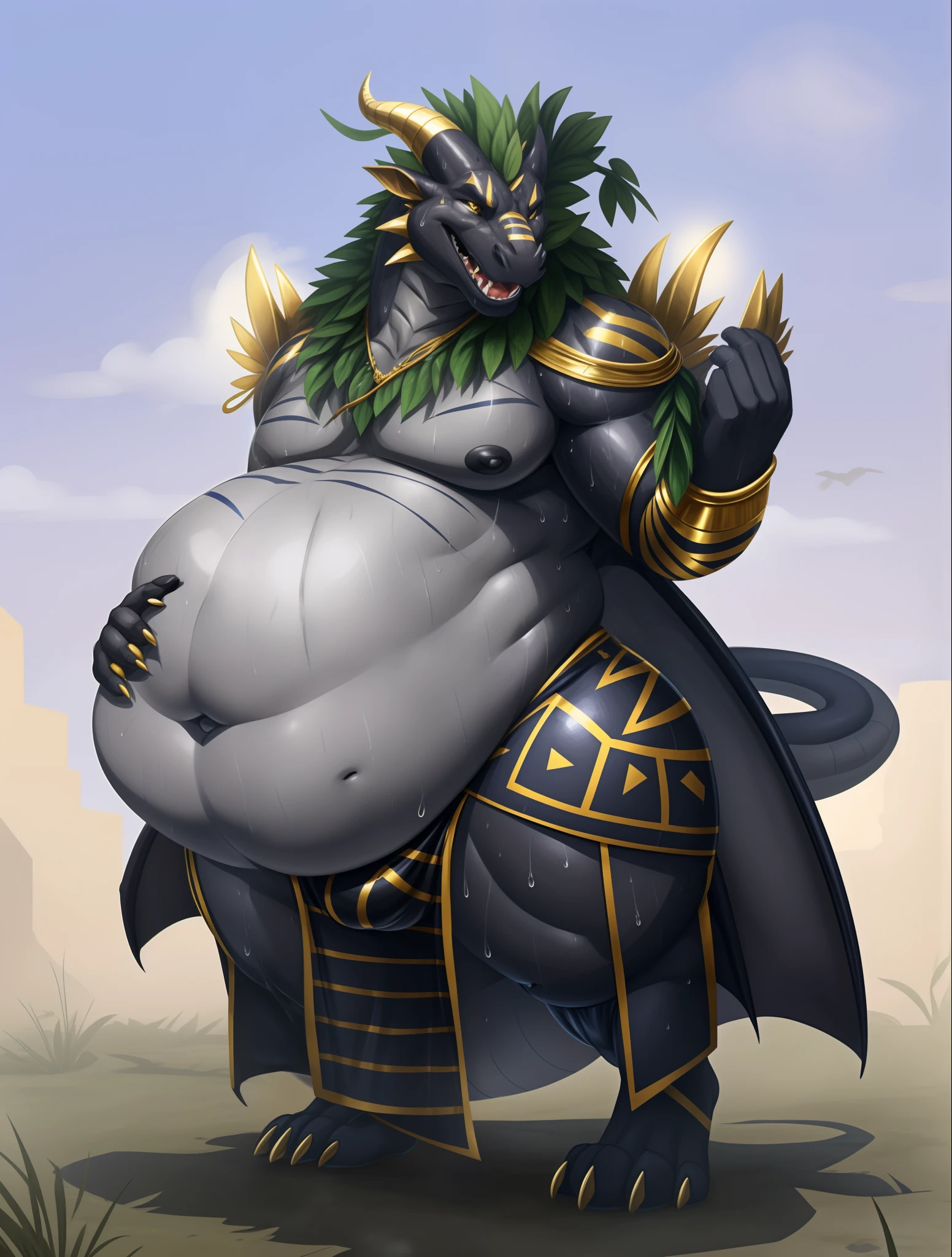 Bulge, black anthro dragon, gold accents, gold stripes, sweating, sweat, ((sweating belly)), grey belly, fat, growing belly, belly, ((big navel)), 3 toes, ((big belly)), ((deep navel)),