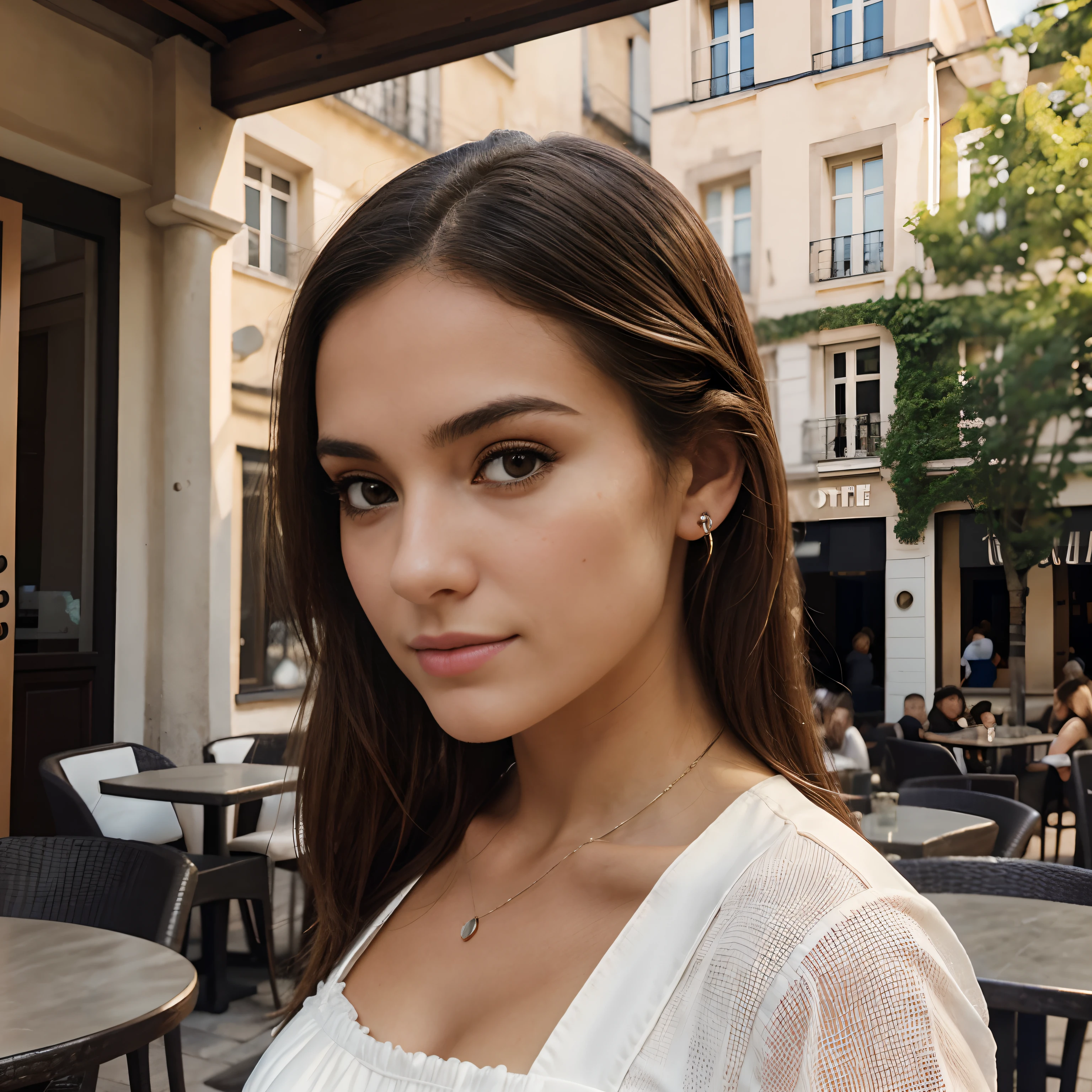 Photograph of a beautiful girl, on the terrace of a café, porte une jupe, masterpiece, jouissant, fille, Fille chaude, (((buste lourd))), cheveux bruns, long_cheveux, symmetrical face, photoreallistic, photographie, Phone camera, natural lighting, magnifique, clivage, occidental, Lo-fi, High resolution, Extremely detailed, peau avec pores, realistic lighting, natural light, selfie, visage naturel, Moles, instagram pose, influencer, Low Fidelity, Imperfect