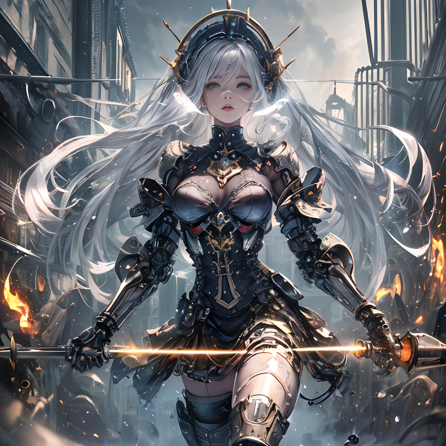 (((masutepiece, of the highest quality, Super detailed))), ((3d ultrarealistic)), Complex mechanical cyborg girl, Skeleton body, Dynamic combat action poses, Off-the-shoulder fashion fused with detailed and intricate steampunk and detailed gothic lolita, Complex steampunk headgear, very thin long legs, Complex mechanical boots above the knee, fluttering lace flared mini skirt, beautiful small breasts directed upwards, Quite a long vertical car, (((( Highly detailed face))), Small nose, Small thin lips, (((Very keen focus eyes))), Very large slits precision light gray eyes,Sparkle like a gem. very long eyelashes, Silver hair swaying in the wind, Emitting a dazzling light in a mandala pattern, Lots of neon lights cross and splash, Extremely complex giant mechanical weapons, Complex mechanical factory bursting into flames, very dark night backgrounds, Very dramatic and cinematic lighting, (((A huge leap forward in overall accuracy, Create ultra-detailed and realistic images))).