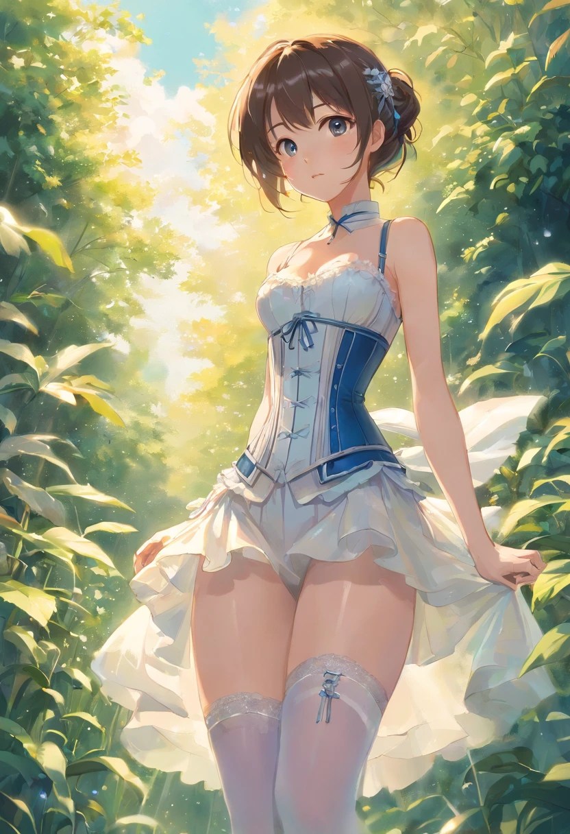 “N-no,” I whispered, backing away from the dresses. At least they aren’t advancing, I thought, continuing to back away until I reached a wall. I turned to see that it wasn’t actually a wall--at least, not a wall I could see. my hands felt the wall rising as high and as far as I could reach. The dresses still remained floating where they were, and I stared at the empty space before me for several minutes...until something suddenly cinched in my waist.
“Oh!” I gasped, looking down; somehow I had been wrapped in a white satin corset, trimmed with silver lace and embroidery and ribbons. I gasped as it tightened again, laces creaking against the silver grommets at the rear. “I-I’ve never worn a-a corset before…” I said, the air rushing out of me as the laces pulled in my waist even more. “I’m...just a simple girl, not a--oh, what is happening?” As I spoke, I felt myself being lifted into the air by the breeze. I looked down at the floor that was now several feet beneath me, and saw a pair of white silk stockings float into my field of vision--and then slide themselves over my feet.
