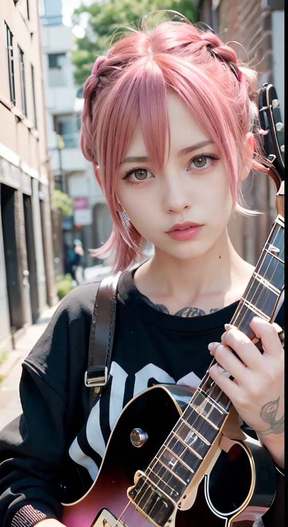 (masutepiece), (Portrait), (Aesthetic), (cute little), (upper blody), (High quality), (aesthetic clothings), (professional angle), (thirds rule), (Feminine), (Woman), , (Beautiful),(Feminine features), (18year old:1.4), Solo, 1 woman, (Charming punk girl), Blue eyes,Full body,faces、(A smile:1.5),(facing front:1.2),Dramatic light, ((Playing guitar)), Edgy makeup, (Small bust), ((electric guitar)), (Front face), (Defiant expression), ((defiance)), (Leather jackets and tattoos), ((Short hair)), (dyed (E.G. and pinks) hair), (spiky hair), (Thick hair), Matte Shine Hair, (Hair bands scattered in the hair), (Bold and bold look), (pale skin), (Dark clothes), (Band T-shirt), (Ripped jeans), crew neckline), ((Urban alley background)), (up close shot), Beautiful hands, Two hands, normal hands, Two arms, complete hands, Beautiful body, Beautiful fingers, normal fingers, Five Fingers, Five Fingers, (Thumb index finger ring finger), Beautiful ears, normal ears, Beautiful eyes, shiny eyes, Beautiful mouth, Beautiful lips,Medium hair with pink hair, (Pink hair), Ear Hair, small tits, Single braid, (Single braid), (Side braid)