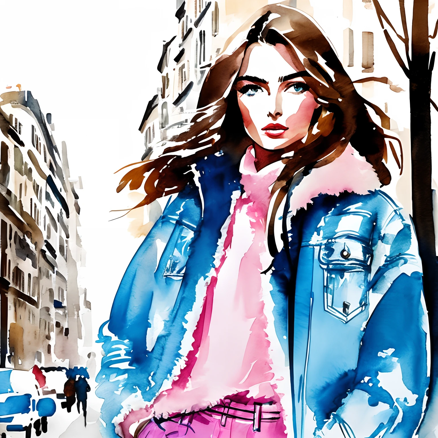 David Downton fashion illustration watercolor, light brown blonde thin hair 1woman, blue eyes, Andreea Diaconu, fluffy pink sweater, light blue trendy denim jacket, apple green tea, Paris street, lilac